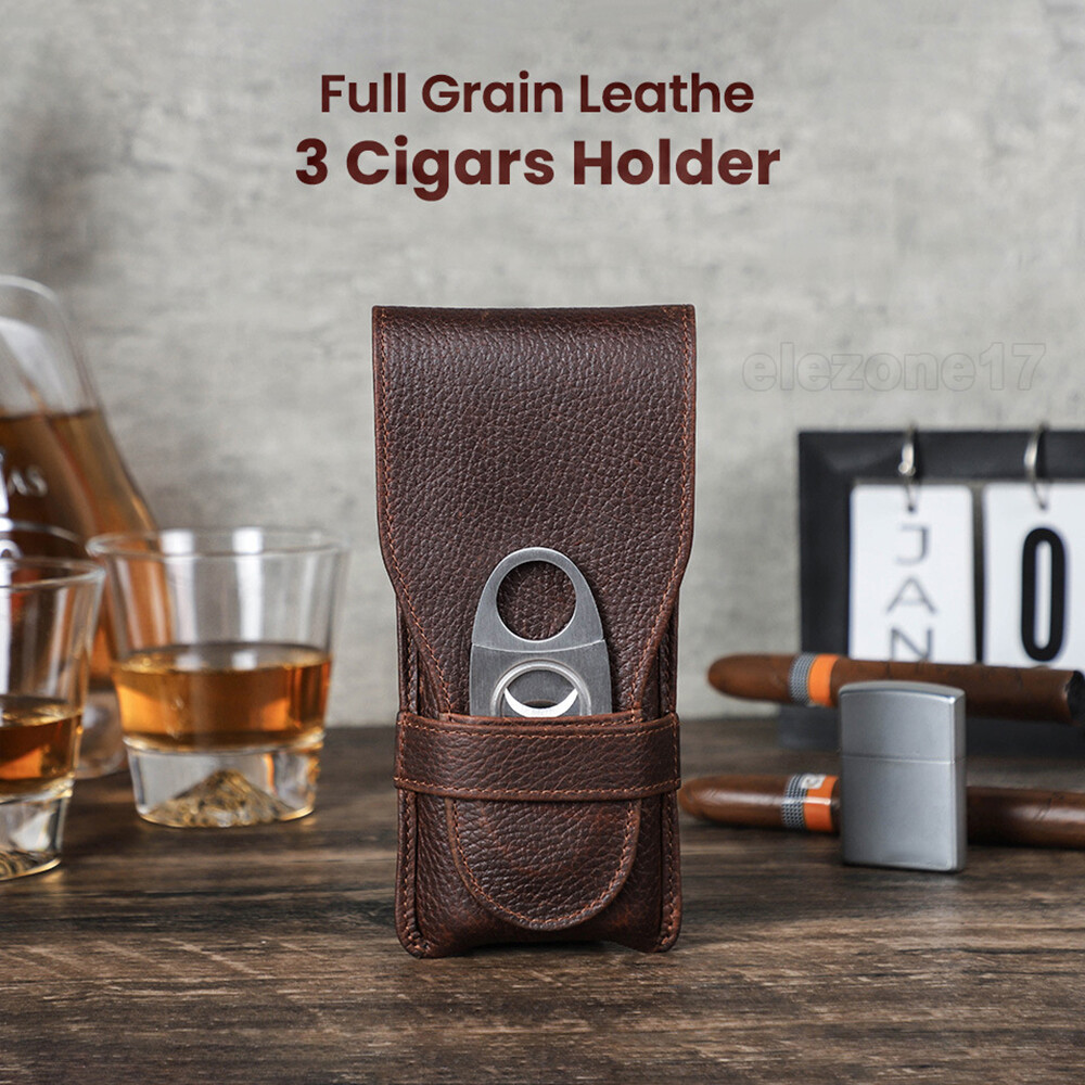 3 Tubes Genuine Leather Cigar Case Travel Humidor Portable Cigars Cutter Holder