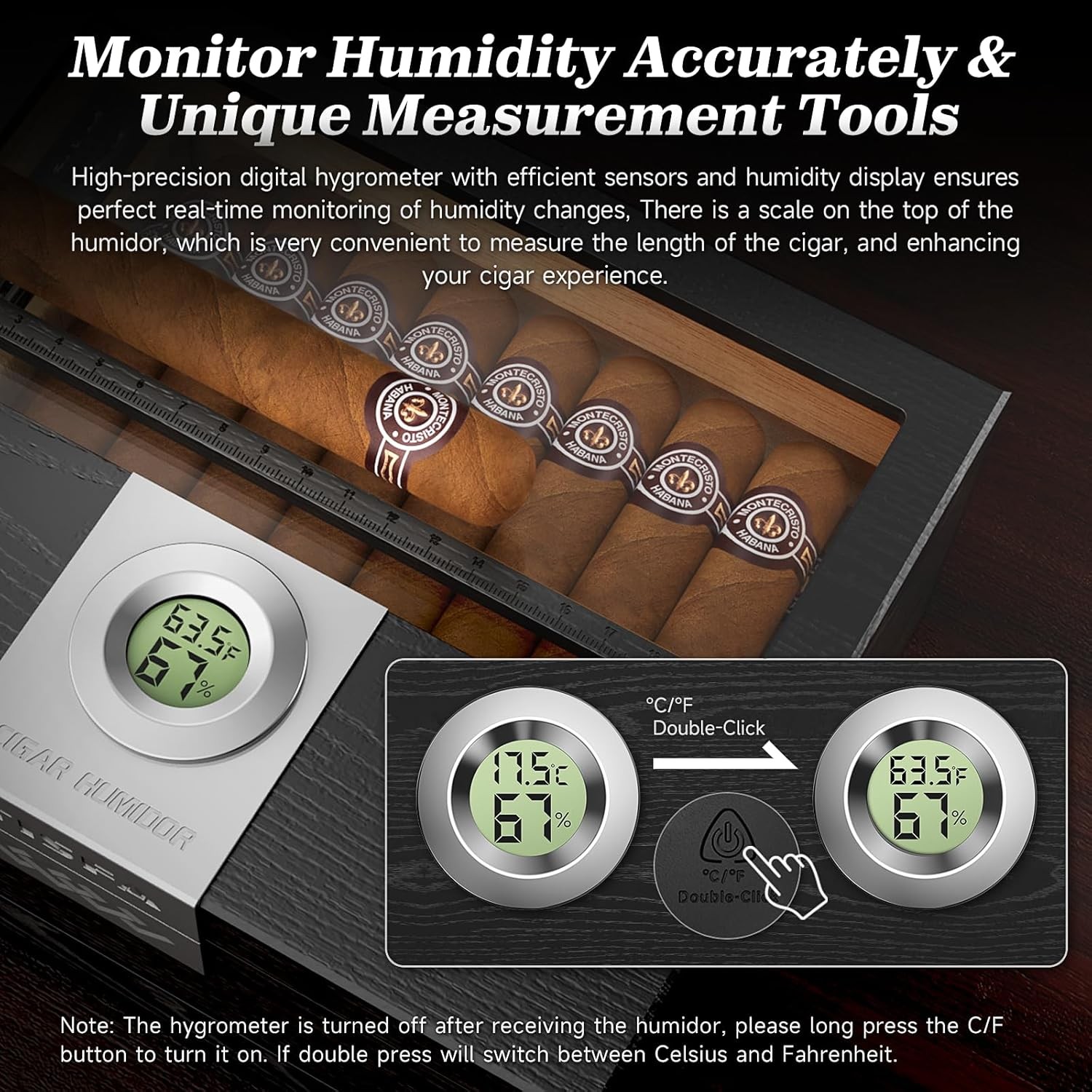 Cigar Humidor, Cedar Wood Desktop Humidor Box with Digital Hygrometer, Adjustabl