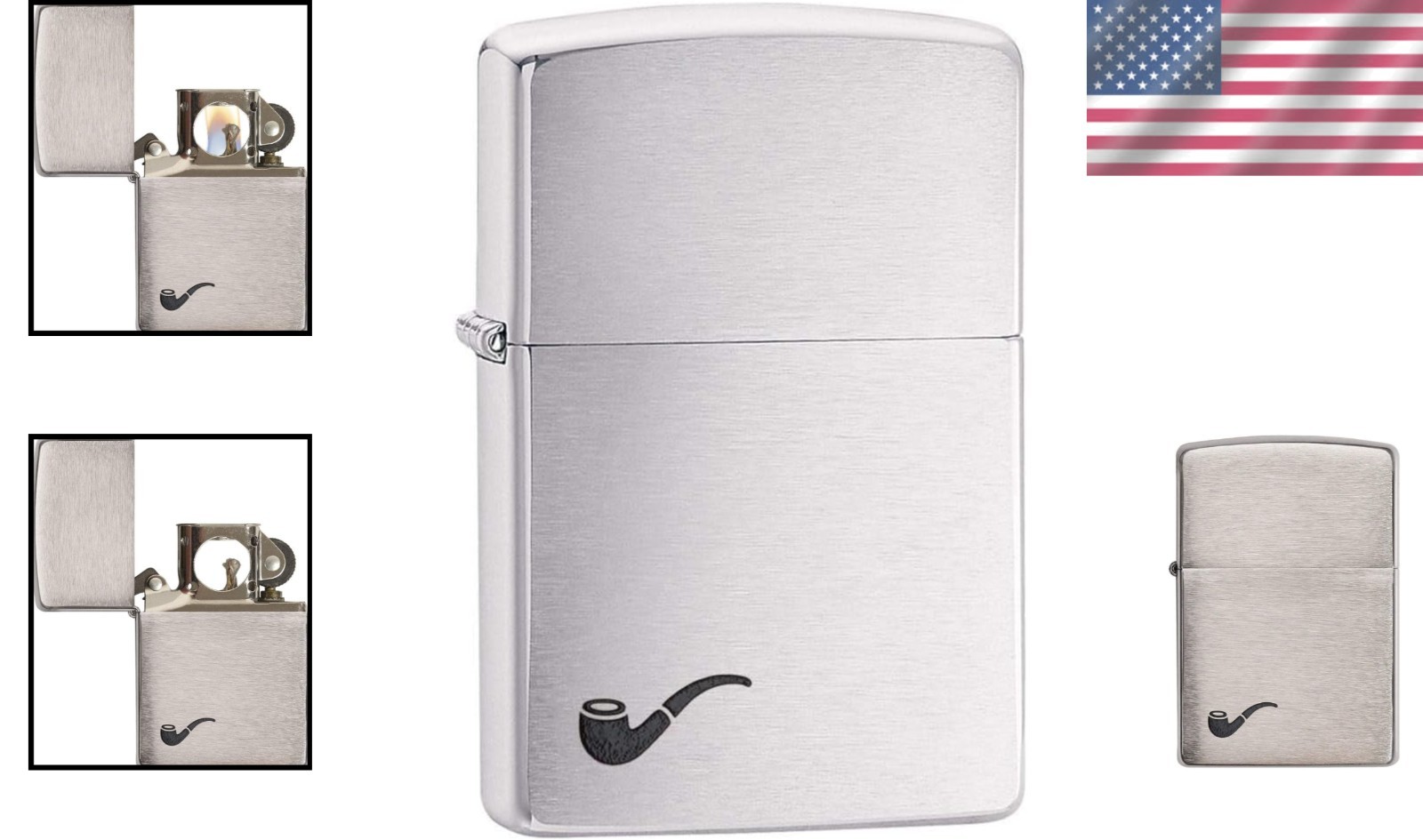 Unisex Adult Pipe Lighter Brushed Chrome Black Refillable Windproof Design