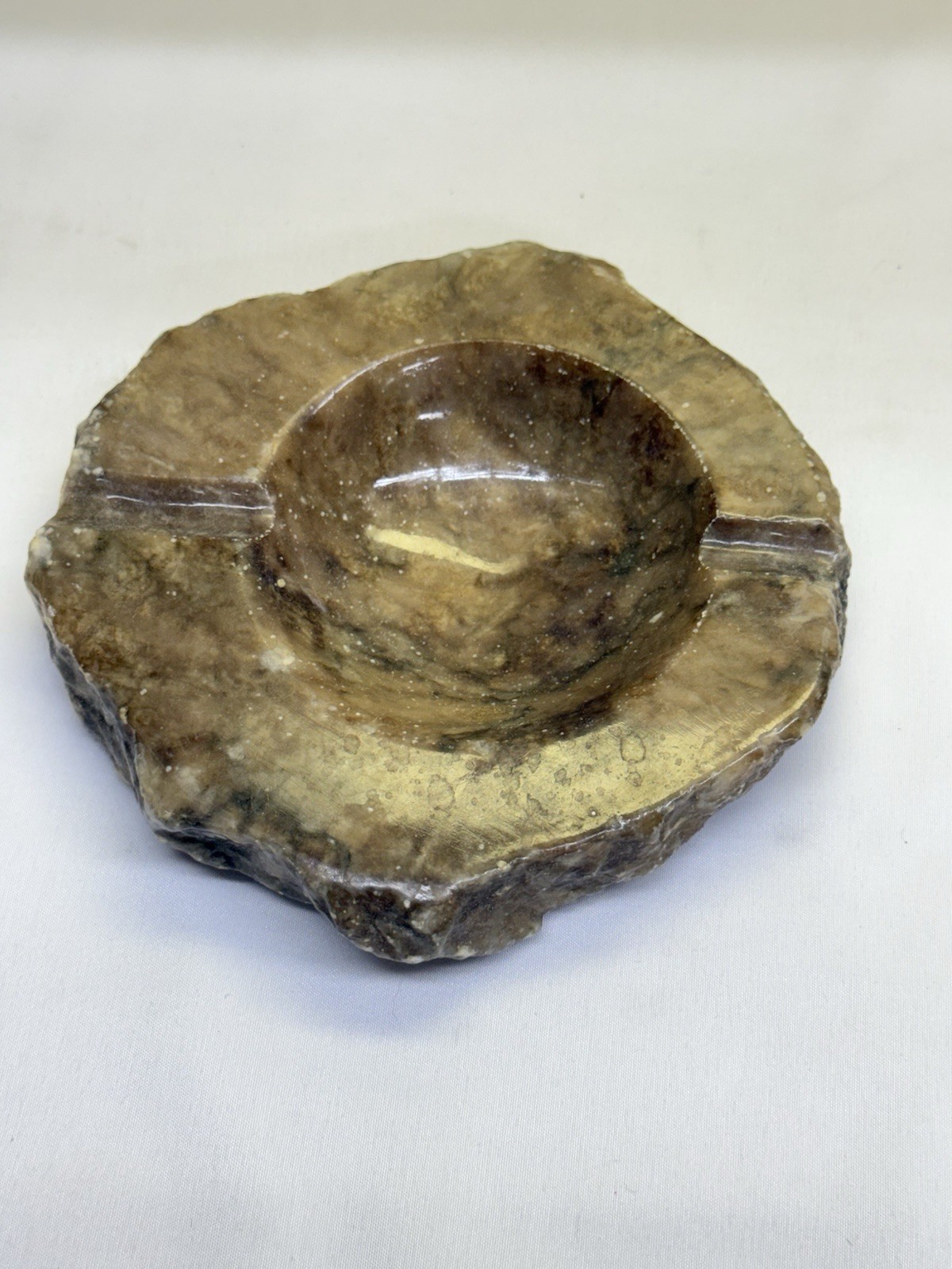 MCM Italian Alabaster Rustic Hand Carved Ashtray Stone Oval Large Bowl VTG