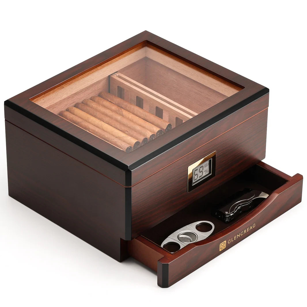 Glencreag MMT-3041 Cigar Humidor Glass Top Box W Spanish Cedar Lining BRAND NEWW