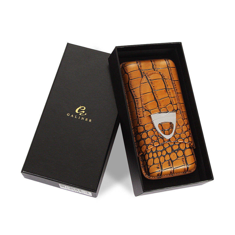 Galiner Crocodile Embossed Travel Leather Cigar Case Holder 3CT Tube W/ Cutter