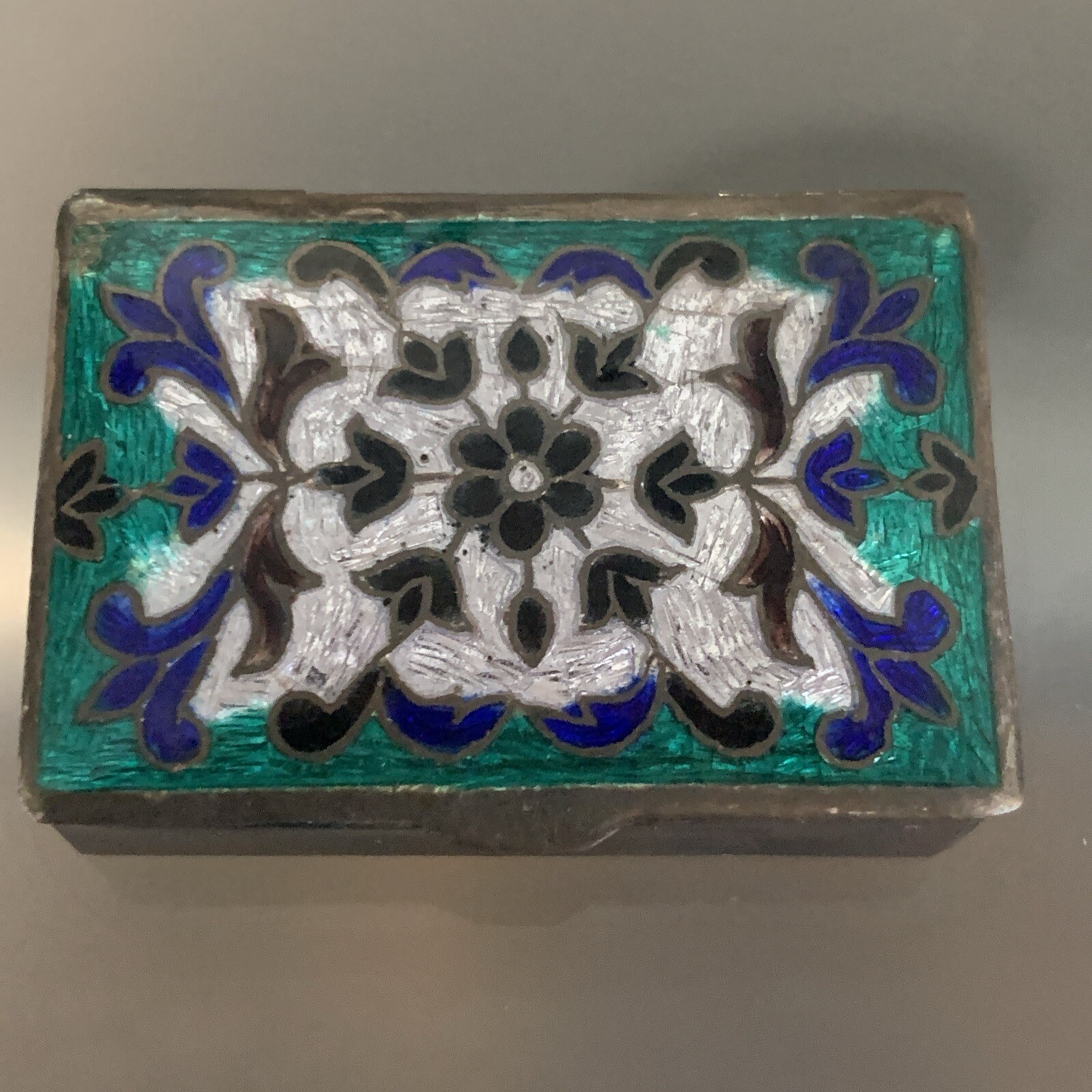 Vintage Silver & Blue And Green Hand Painted Enamel Snuff / Trickle Box Rare