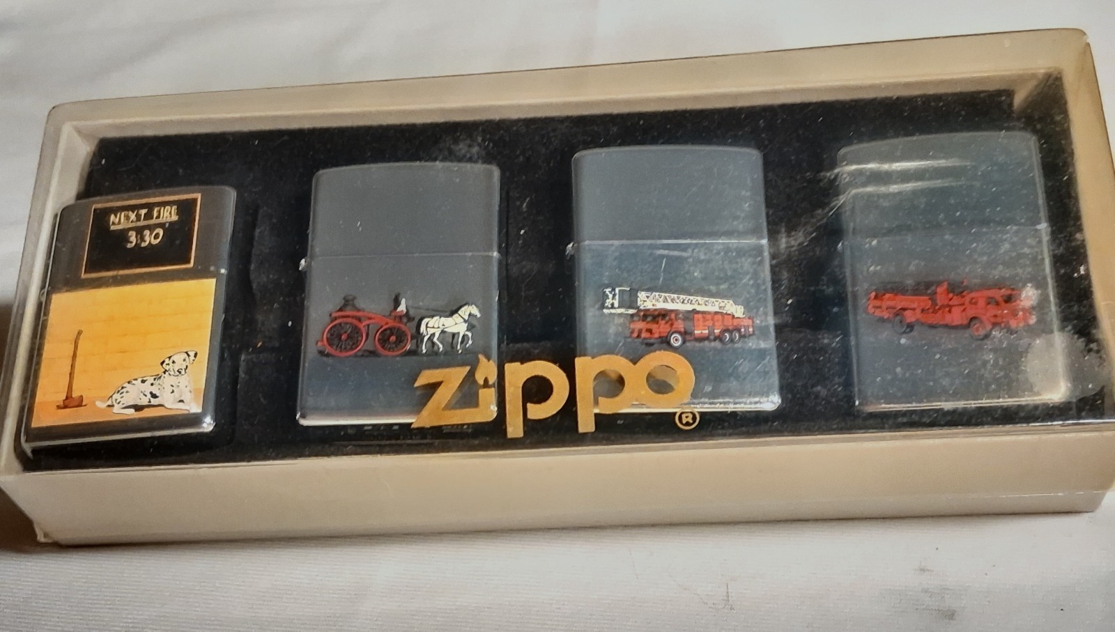 Zippo Lighters New Set 4 Firefighter Related Aerial Pumper Dalmatian Steam NIB