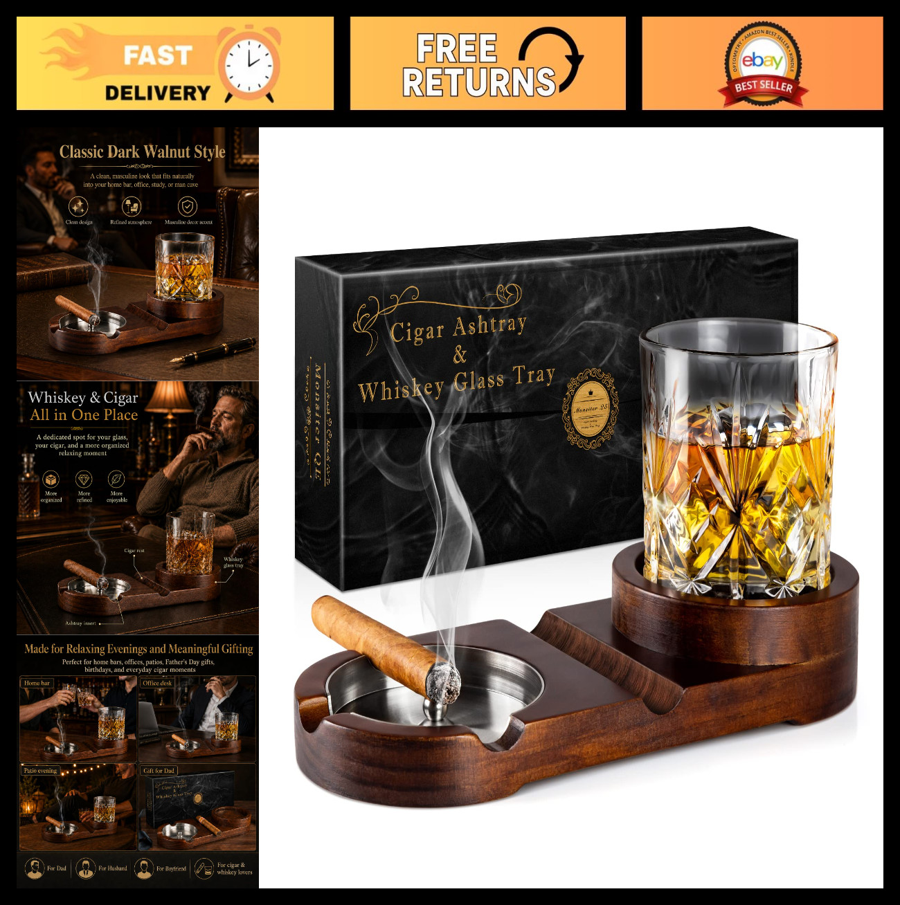 Wooden Cigar Ashtray & Whiskey Glass Tray – Detachable Indoor/Outdoor Holder, Ci