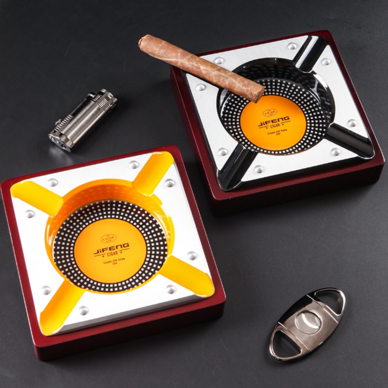 Large Cigar Ashtray Yellow 4 Slot Heavy Duty Ash Tray for Desk Lounge