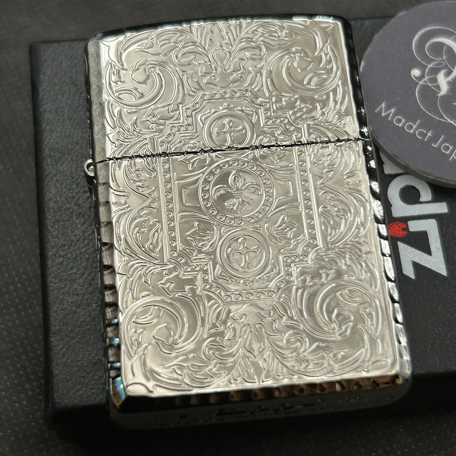 Zippo Oil Lighter Arabesque Silver Platinum Plated Armor Case Japan