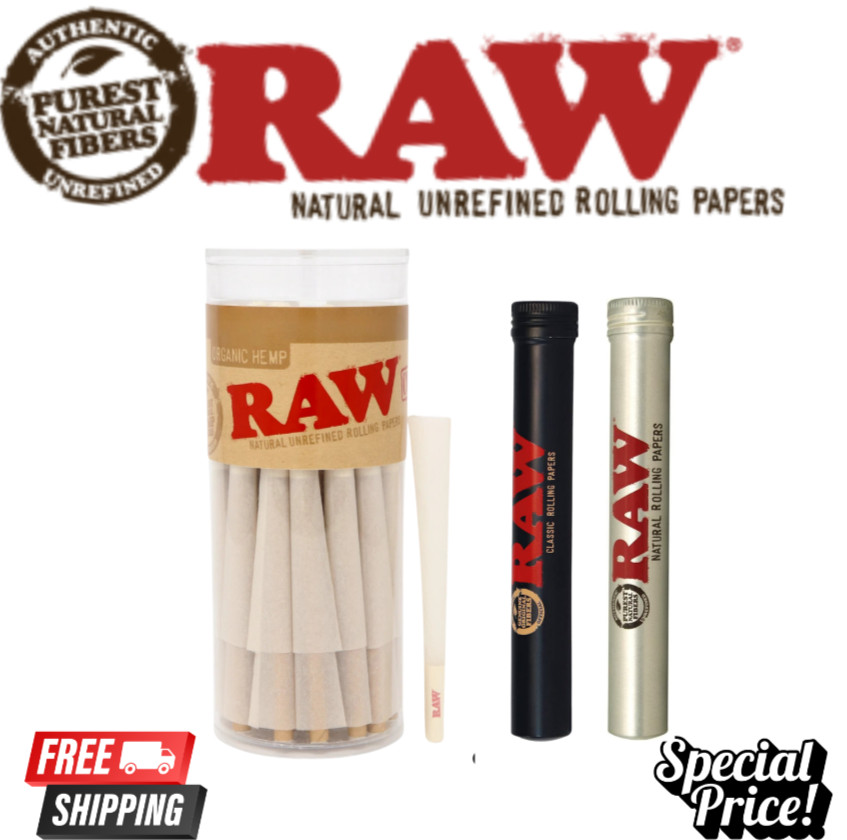 RAW Organic Classic 1 1/4 Pre-Rolled Cones 102ct W/ Raw Smell Proof Tubes (2)