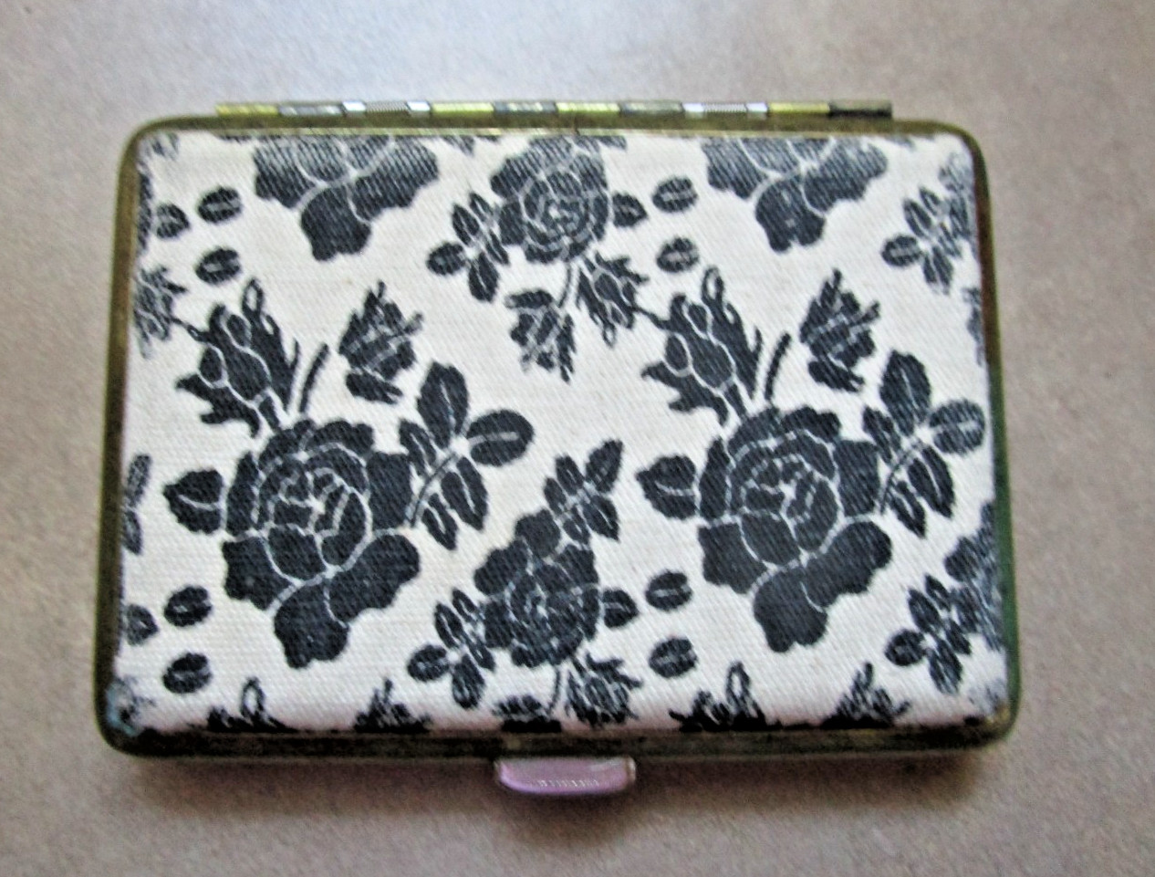 Vintage Woman’s Cigarette Case Black Rose Fabric Lid Gold/Brass/ Trim w- Patina