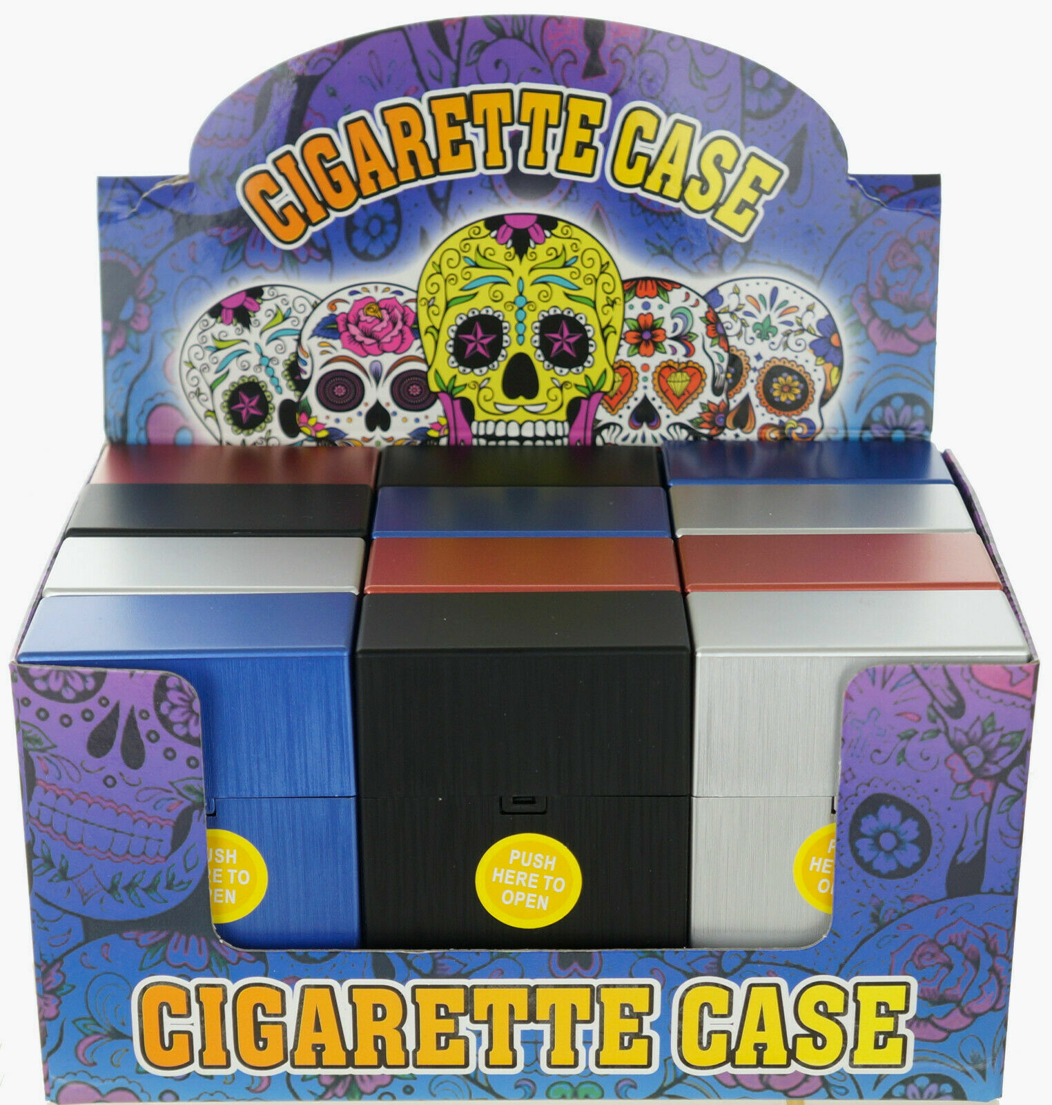 (12) King Size Push-to-Open Plastic Cigarette Case w/ Metallic Finish Design