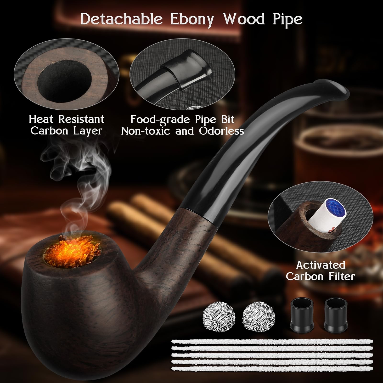 Pipe Set, Lighter, Pouch, Wood with 2 Filter Balls,2 Black