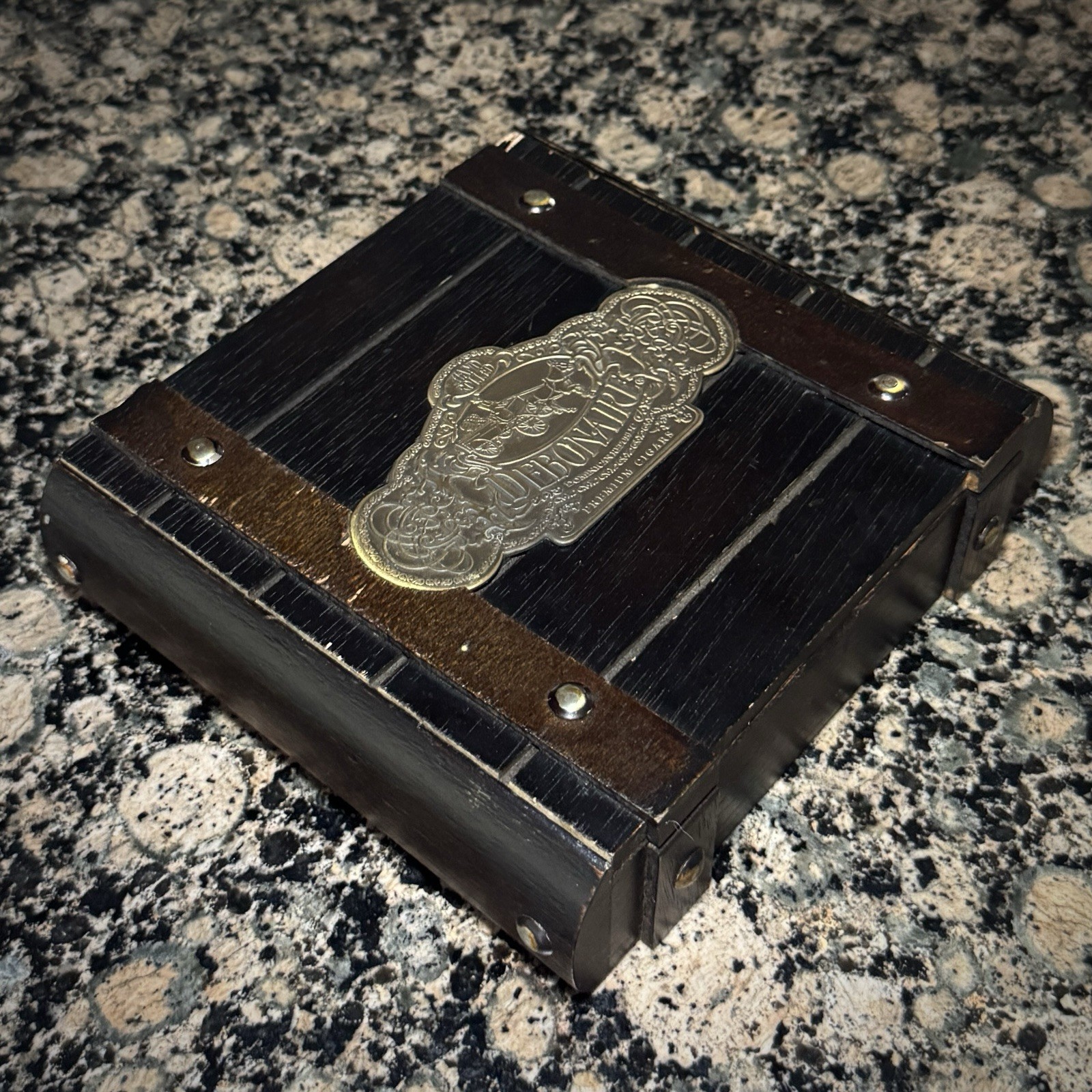 Debonaire Handmade Wooden Cigar Box 7in x 6in x 2in Brown with Metal Accents
