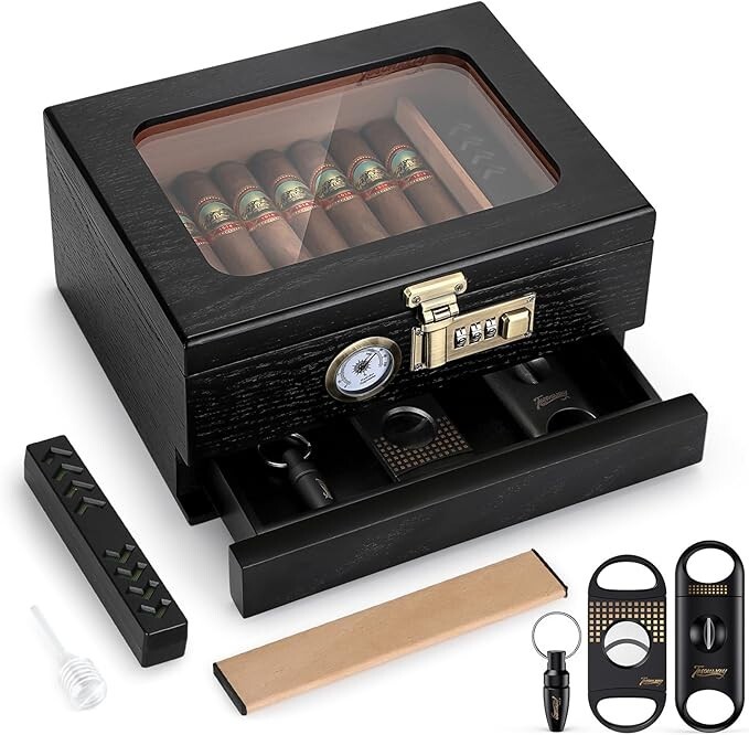 Cigar Humidor, Cedar Wood Humidor Cigar Box Combination Lock, Gift for men