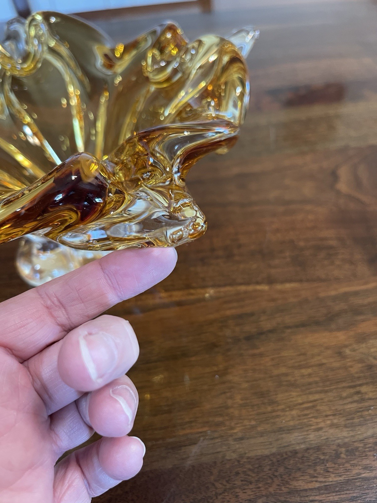 Vintage Chalet Amber & Clear Glass Ruffled Flower Ashtray 10″ Long x 4″ Tall