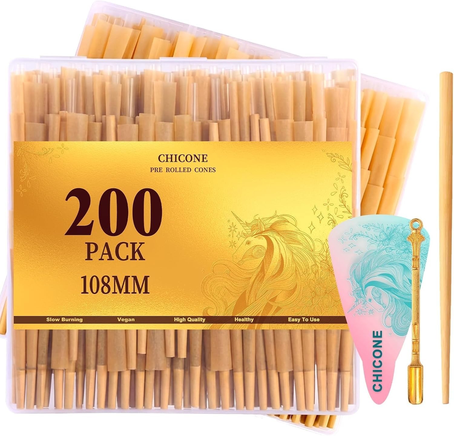 200 PACK Cones Rolling Paper | 108mm King Size Slow Burning | with Loader and Pa