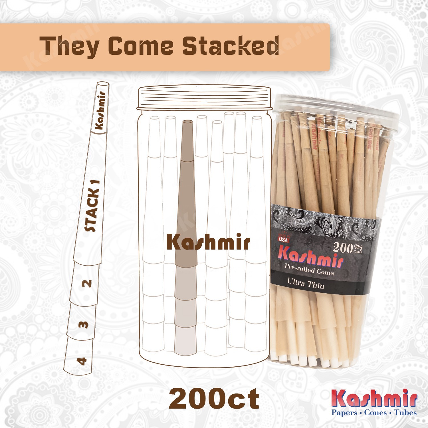 Pre Rolled Cones King Size Natural Ultra-thin Rolling Paper Cones 200 Ct Jar