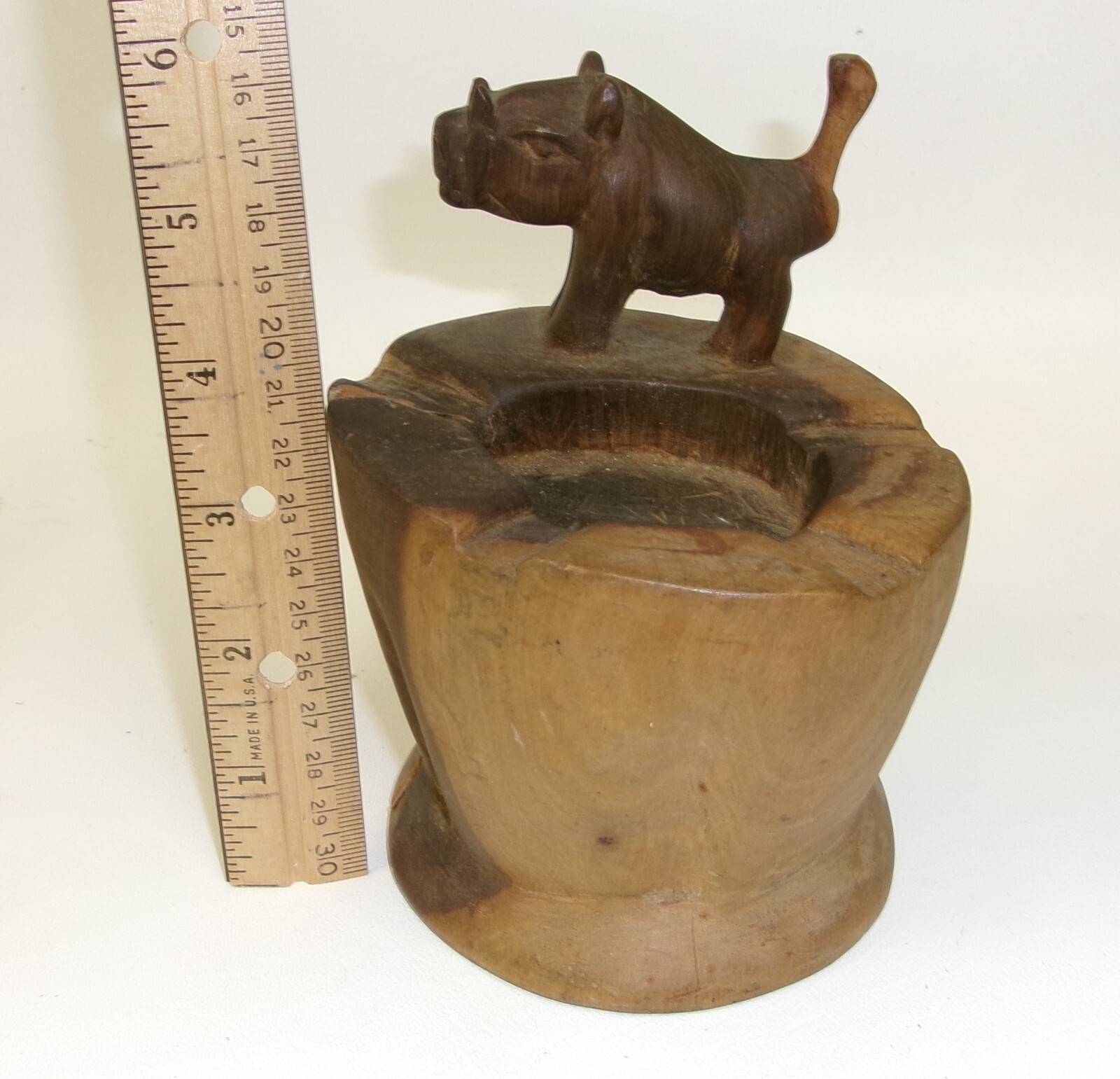 Vintage One Piece Hand Carved Wooden Folk Art Figural Rhino Hippo Ashtray