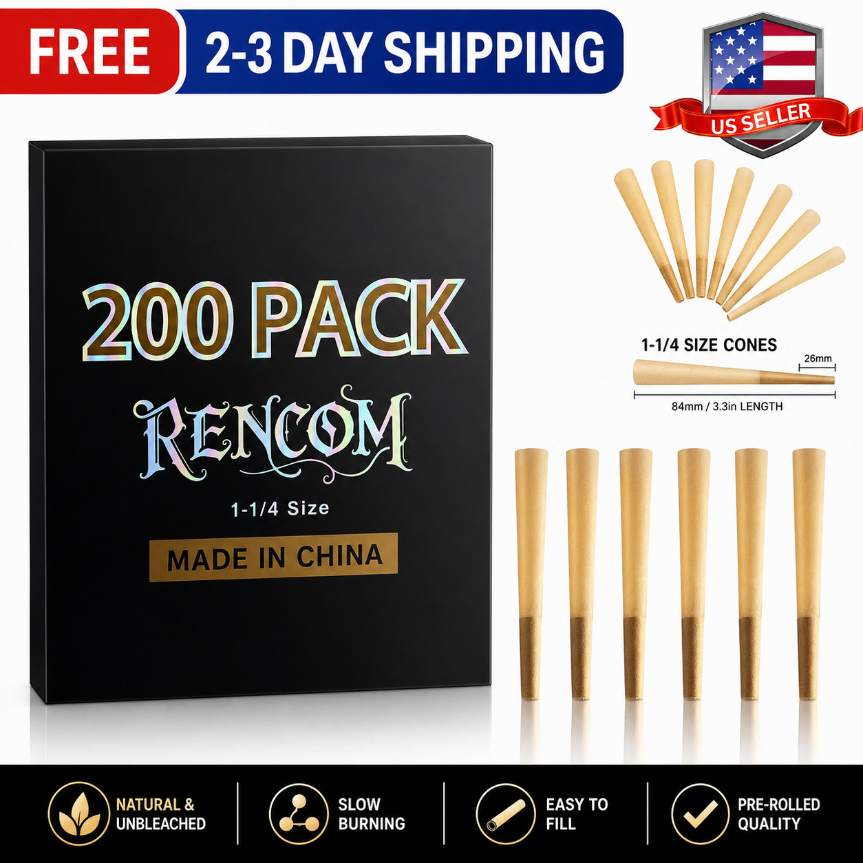 200 Pack 1-1/4 Pre-Rolled Cones – Slow Burn Paper Cones with Tips & Packing Tube