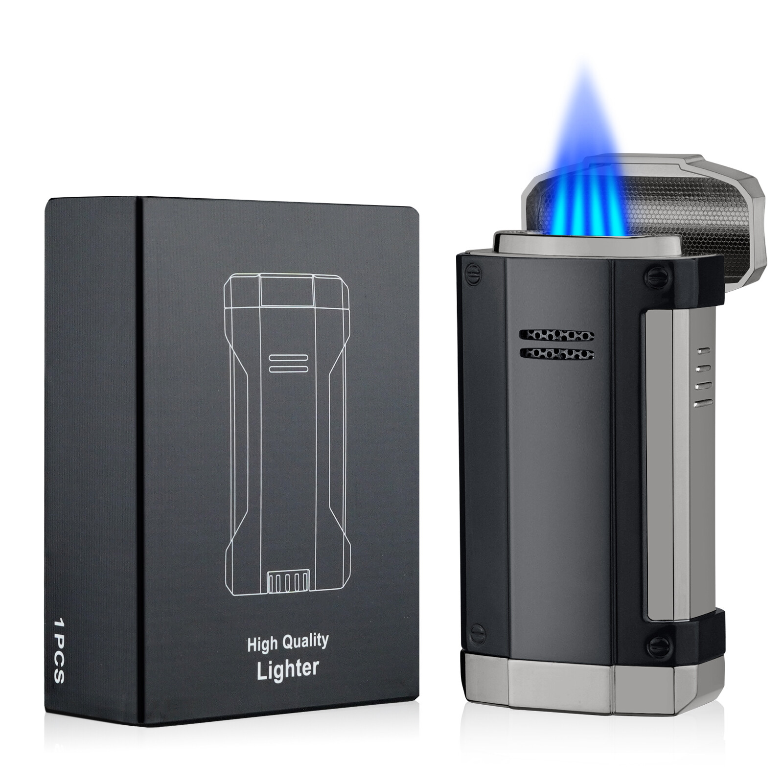 Windproof Cigar Lighter Butane 4 Torch Jet Blue Flame Cigarette Lighter 2 Punch