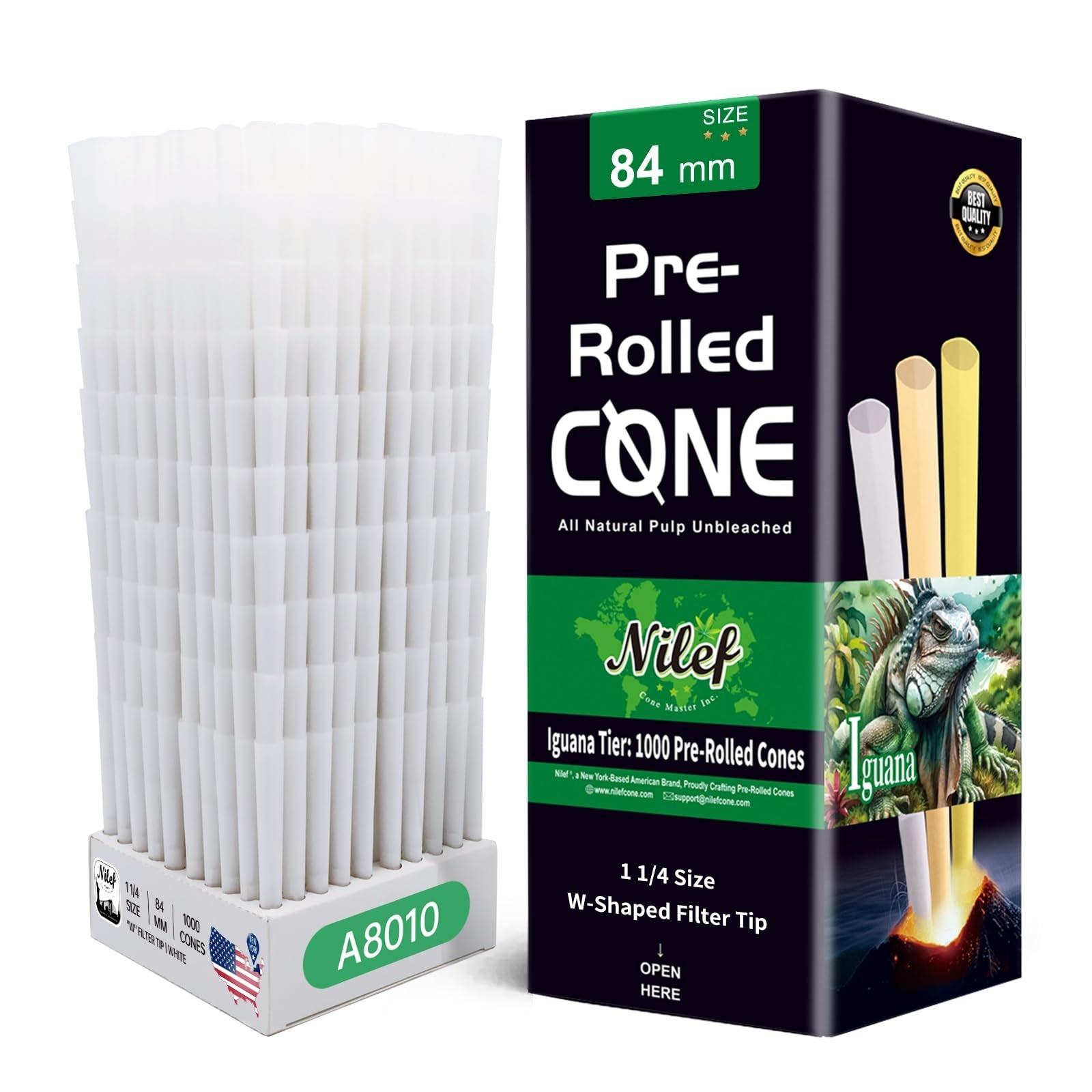 1000 Pack Pre Rolled Cones 1 1/4 Size 84mm Unbleached Rolling Paper with Filters