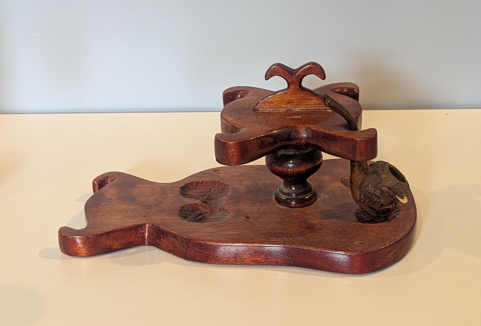 Wooden Tobacco Pipe Rack 4 Holders & Italian Briar Bull Pipe Carved Buffalo Head