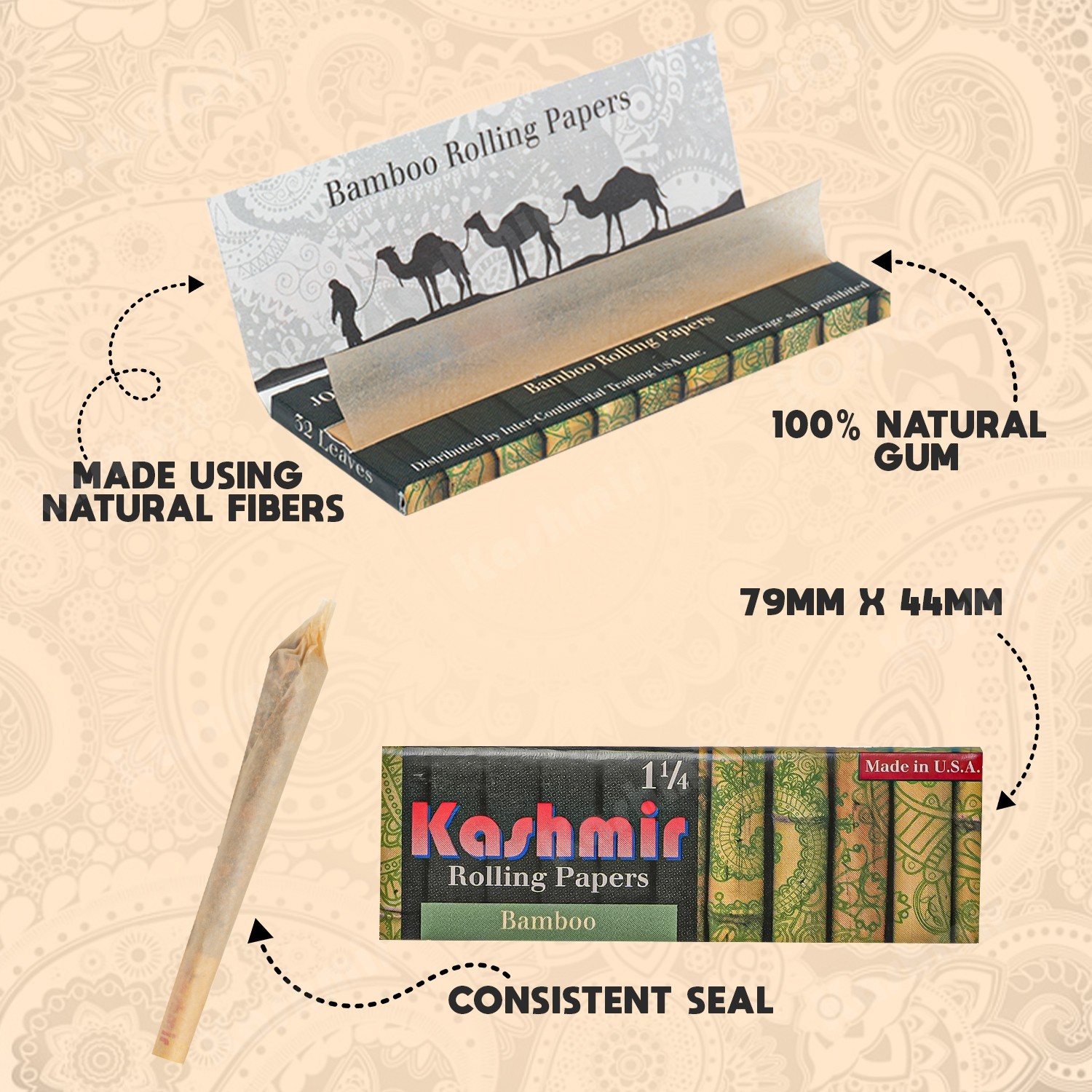 Kashmir Bamboo Rolling Papers 1-1/4 Size with 32 Leaves per Pack 50 Box Pack