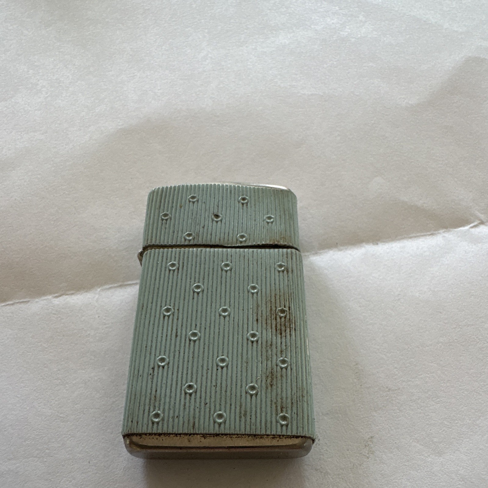 Vintage Green & Silver Metal Collectible Lighter, Ribbed Raised Dot Texture