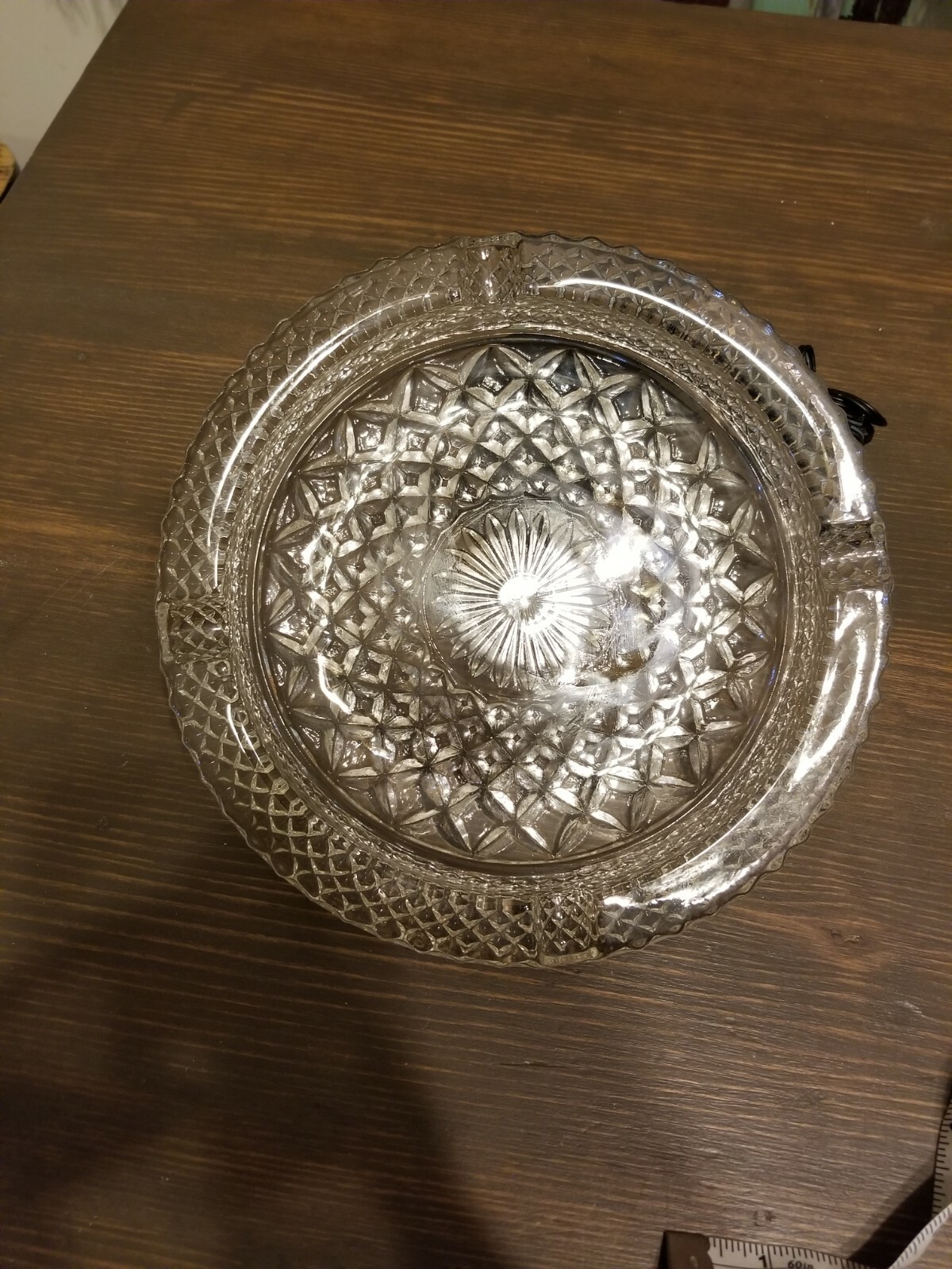 Large Cut Glass Ashtray Big Heavy Daisy Flower Basket Clear Round 8.5″