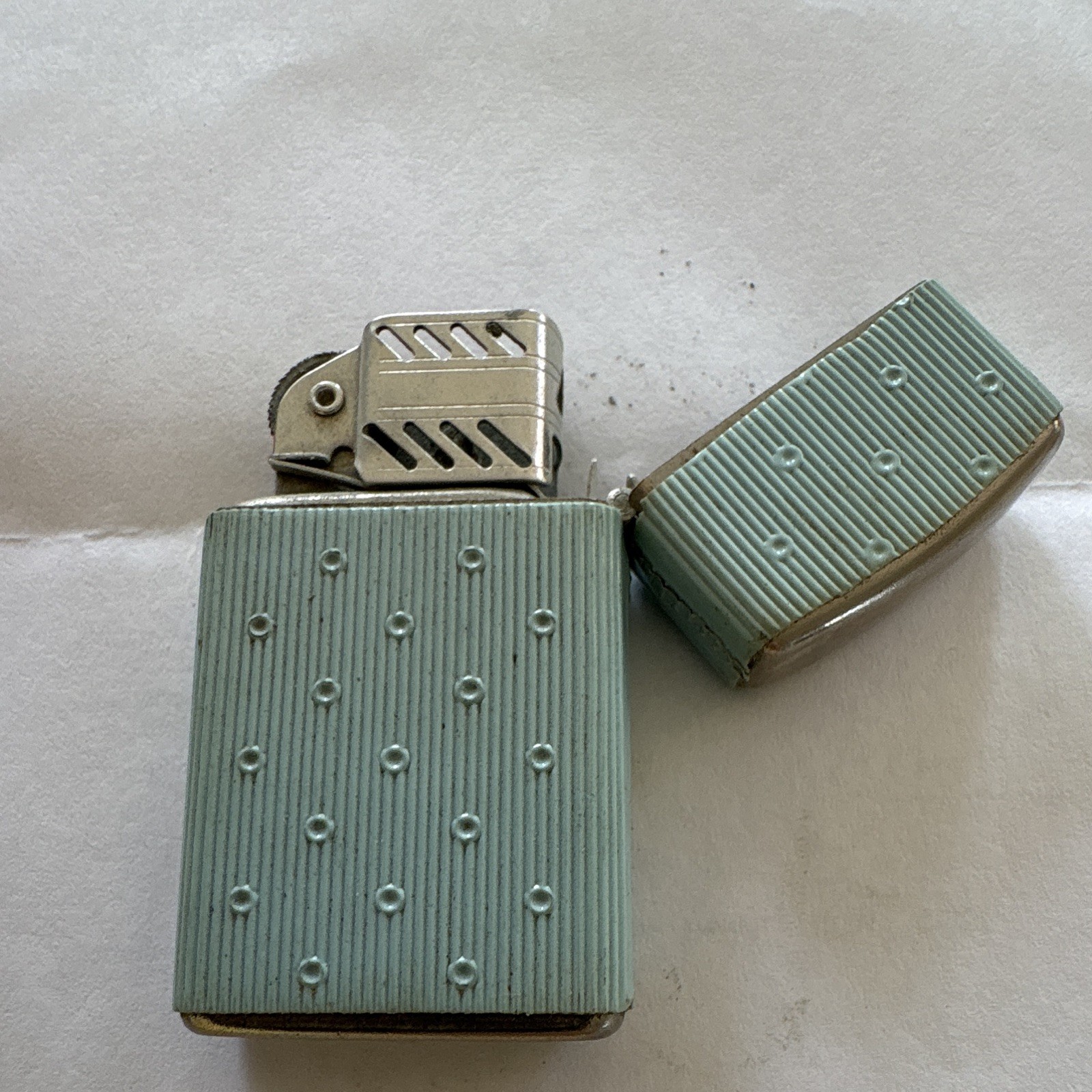 Vintage Green & Silver Metal Collectible Lighter, Ribbed Raised Dot Texture