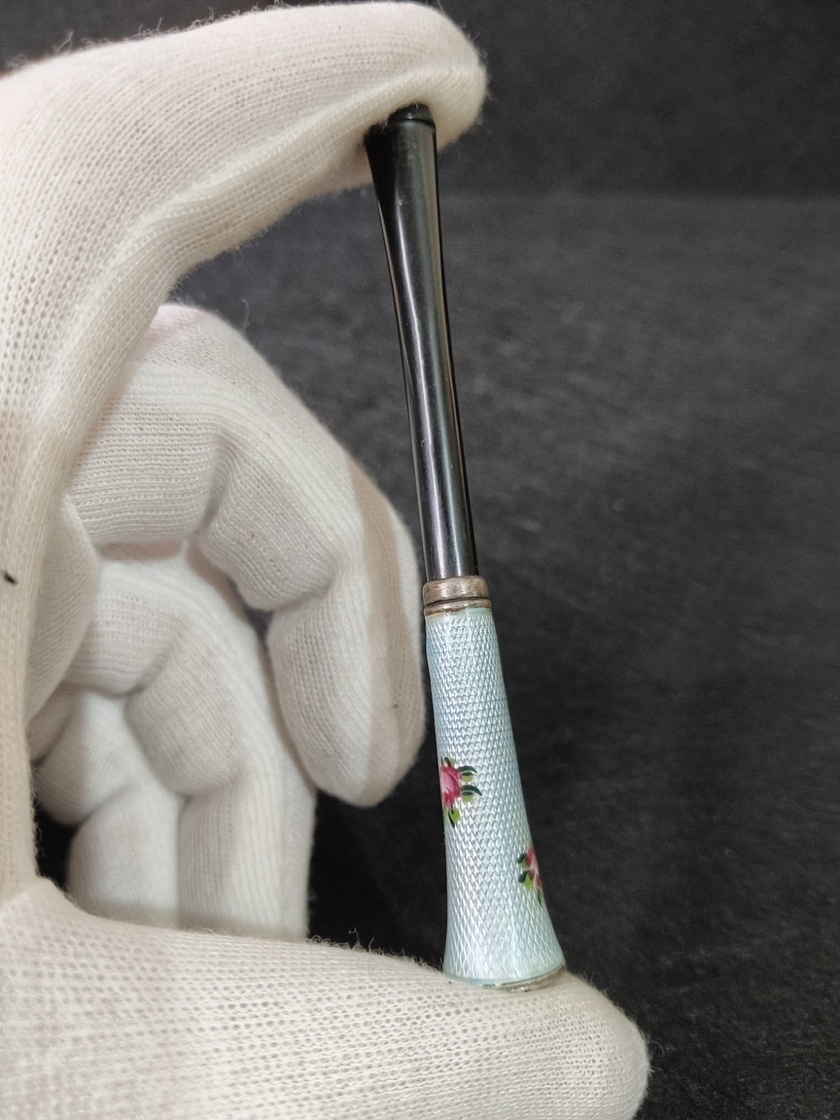 Vintage Sterling Silver-Guilloche Enamel Cigarette Holder-Mint Green w/HP Roses