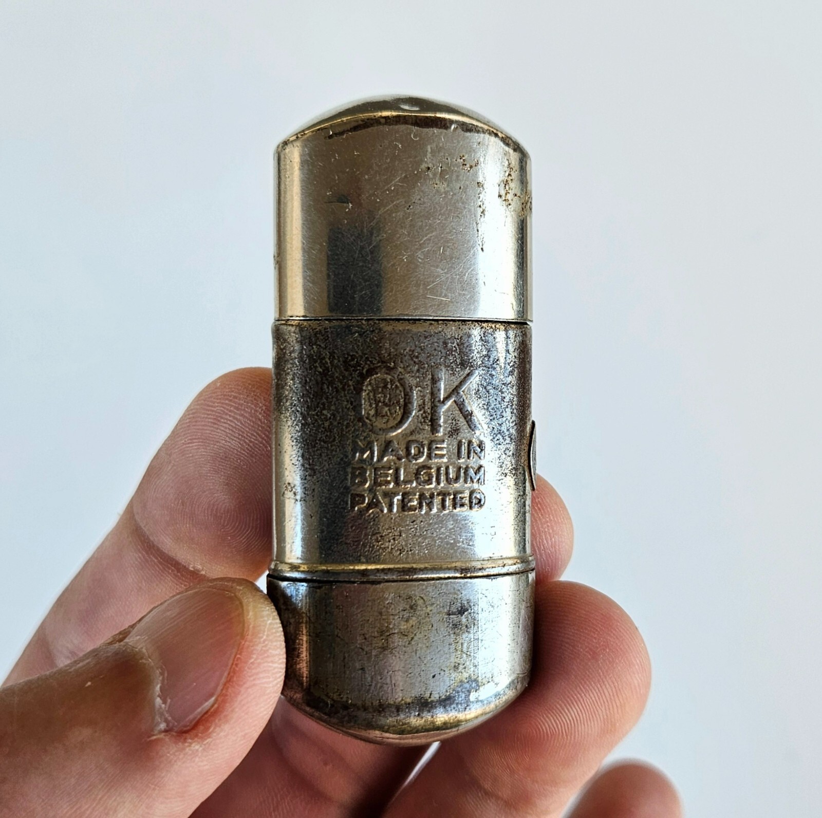 Antique 1930s OK Trench Art Lighter Ministry of Finance Belgium Sterling Logo