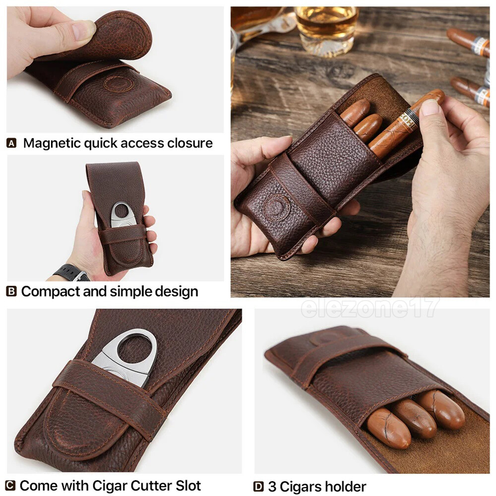 3 Tubes Genuine Leather Cigar Case Travel Humidor Portable Cigars Cutter Holder
