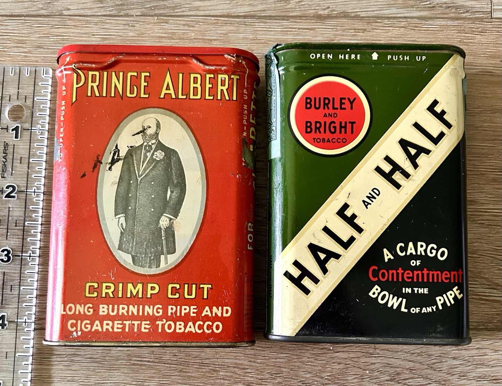 Vtg Lot 2 Vintage Tin Cans Pipe Prince Albert, And Half & Half Tobacco