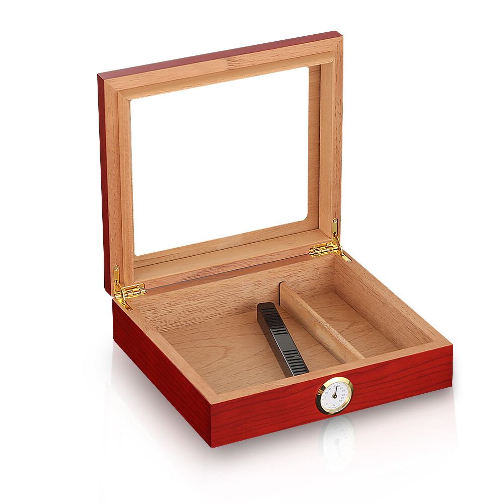 Red Holder 25 Cigar Humidor Storage Box Desktop Glasstop Humidifier Hygrometer