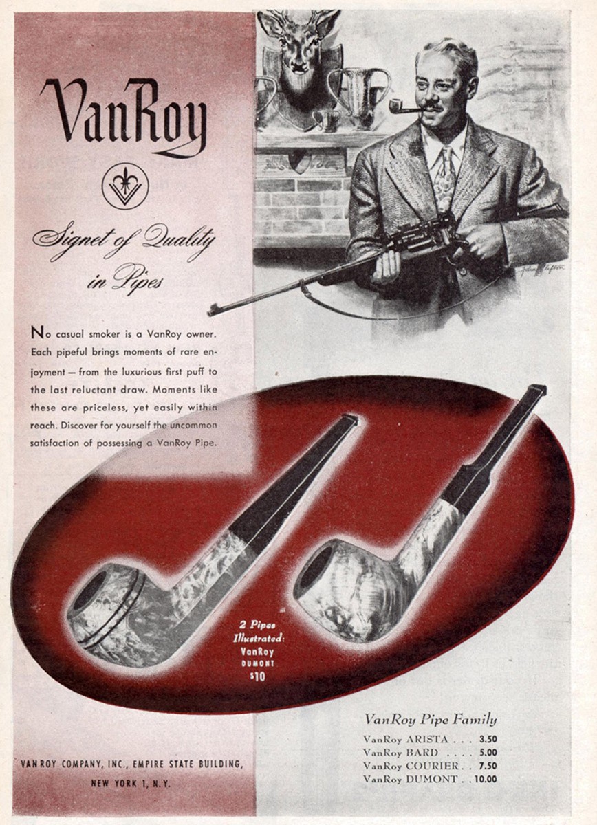 1944 VanRoy Pipes: No Casual Smoker Vintage Print Ad