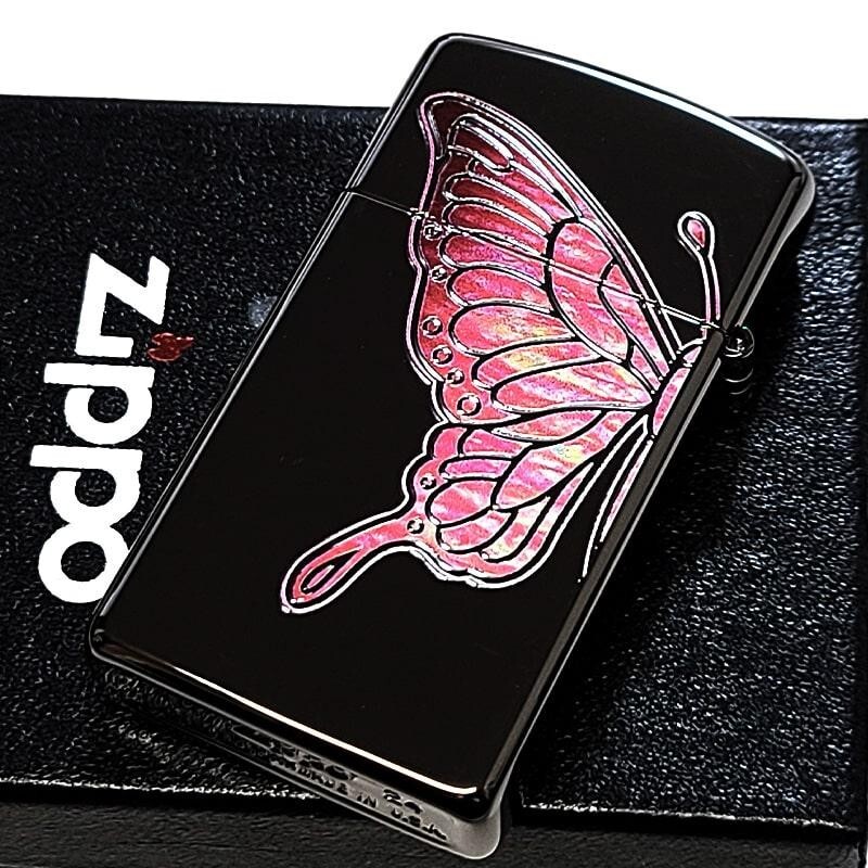 Zippo Pink Butterfly Shell Black Etching 2 Sided Processing Lighter Slim Japan