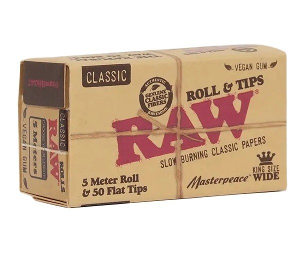 RAW King Size Wide Classic MASTERPIECE ROLL and TIPS – 5 meter length/ 50 tips