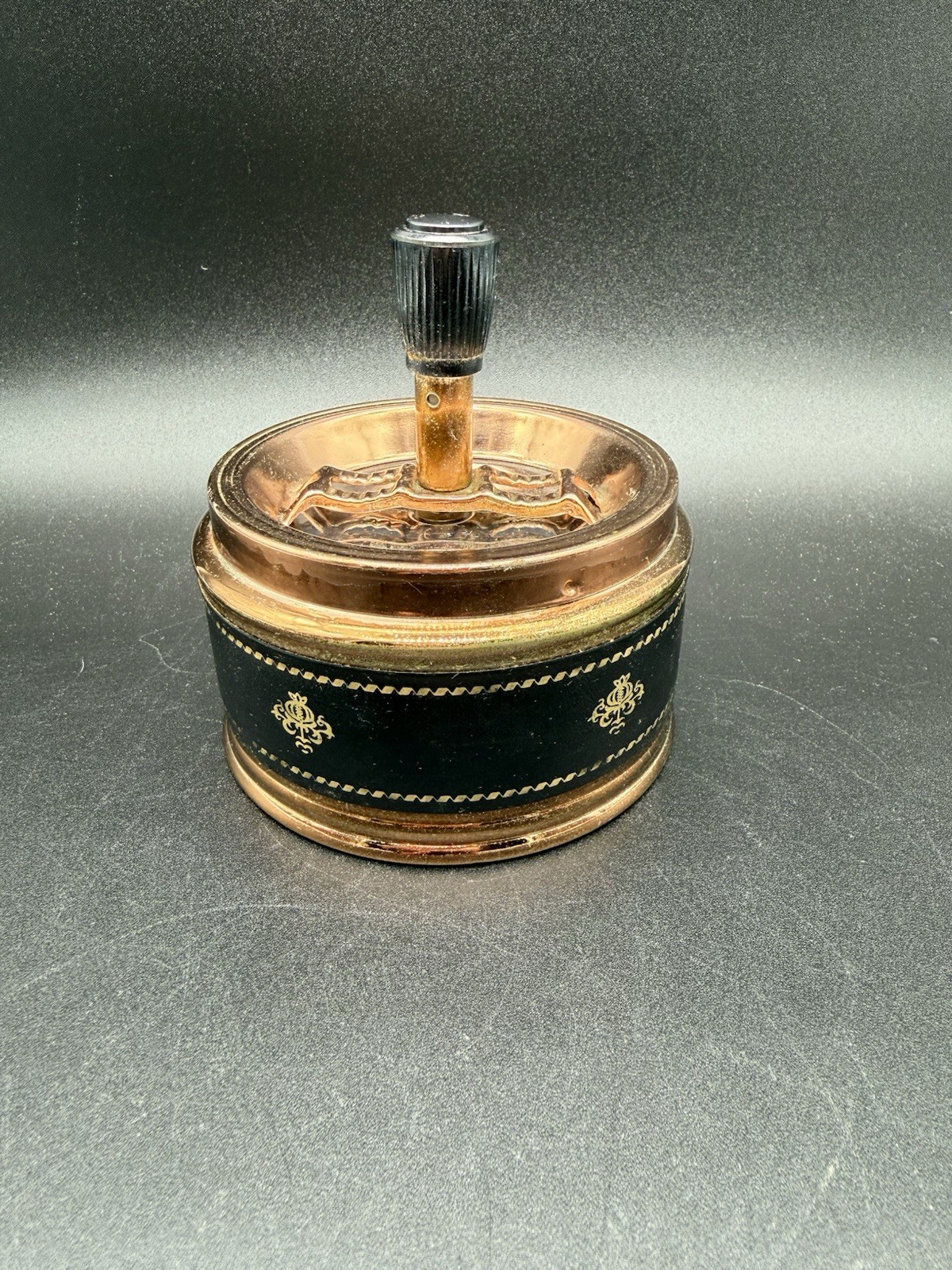 Vintage MCM Push Down Spinning Ashtray Copper Tone & Leather Wrapped