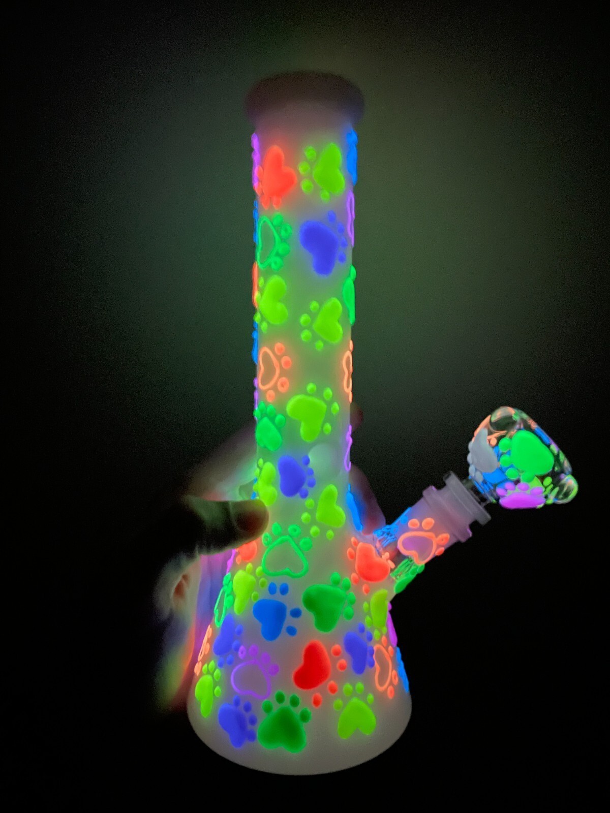 9.75” Premium Glass Water Pipe Beaker Glow in the Dark Paw Prints 14mm