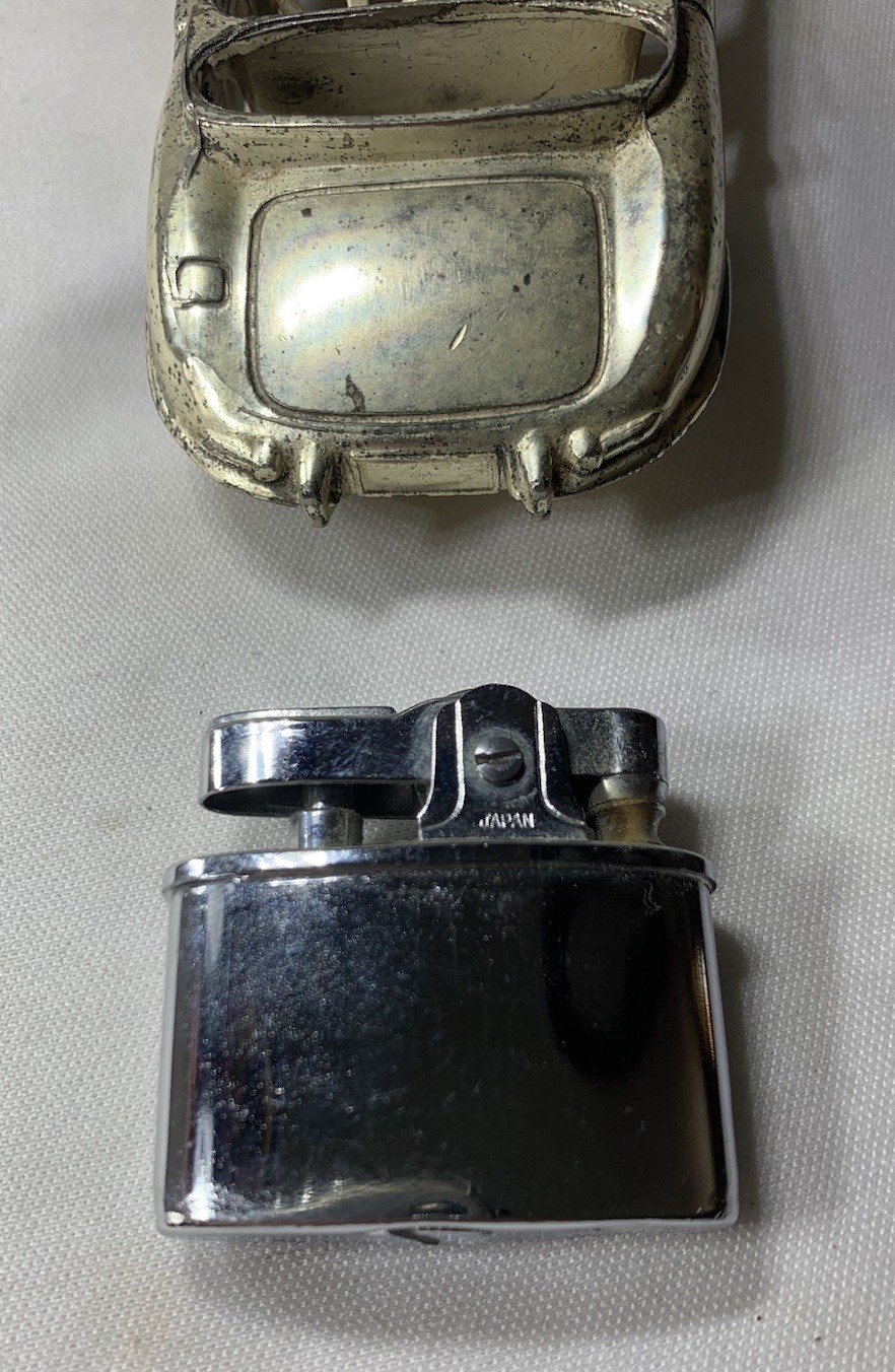 Vintage 1960s Cast Metal Jaguar E-Type Tabletop Lighter 4.5” Patina