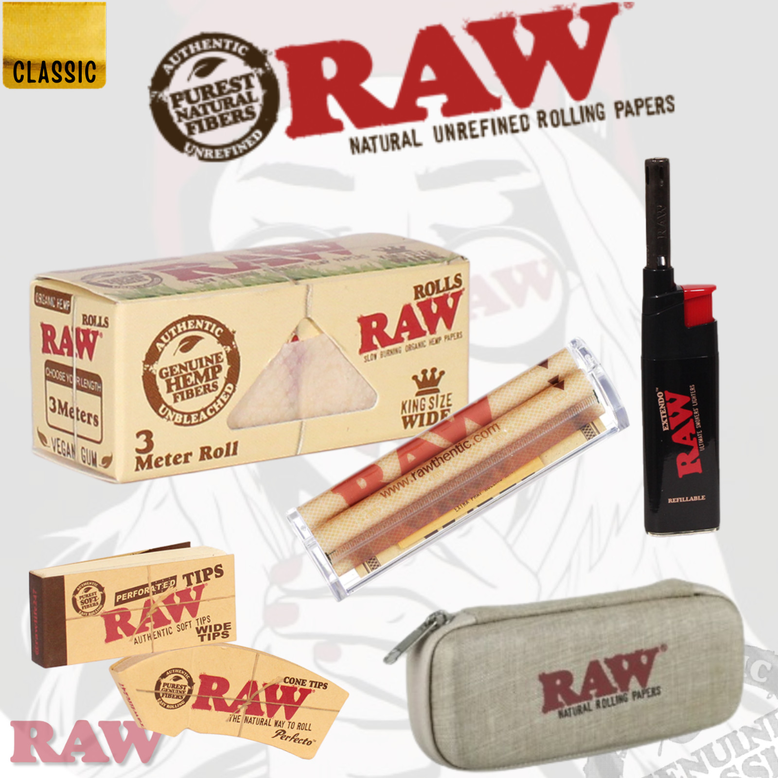 RAW Classic Organic KS Wide 3M Roll Bundle w/ Phatty Roller, Tips & Cone Wallet