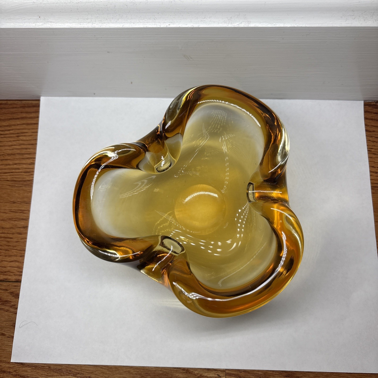 VTG Rare 1960s MURANO BARBINI AMBER CLEAR Pinched GLASS ASHTRAY BOWL DISH 6”