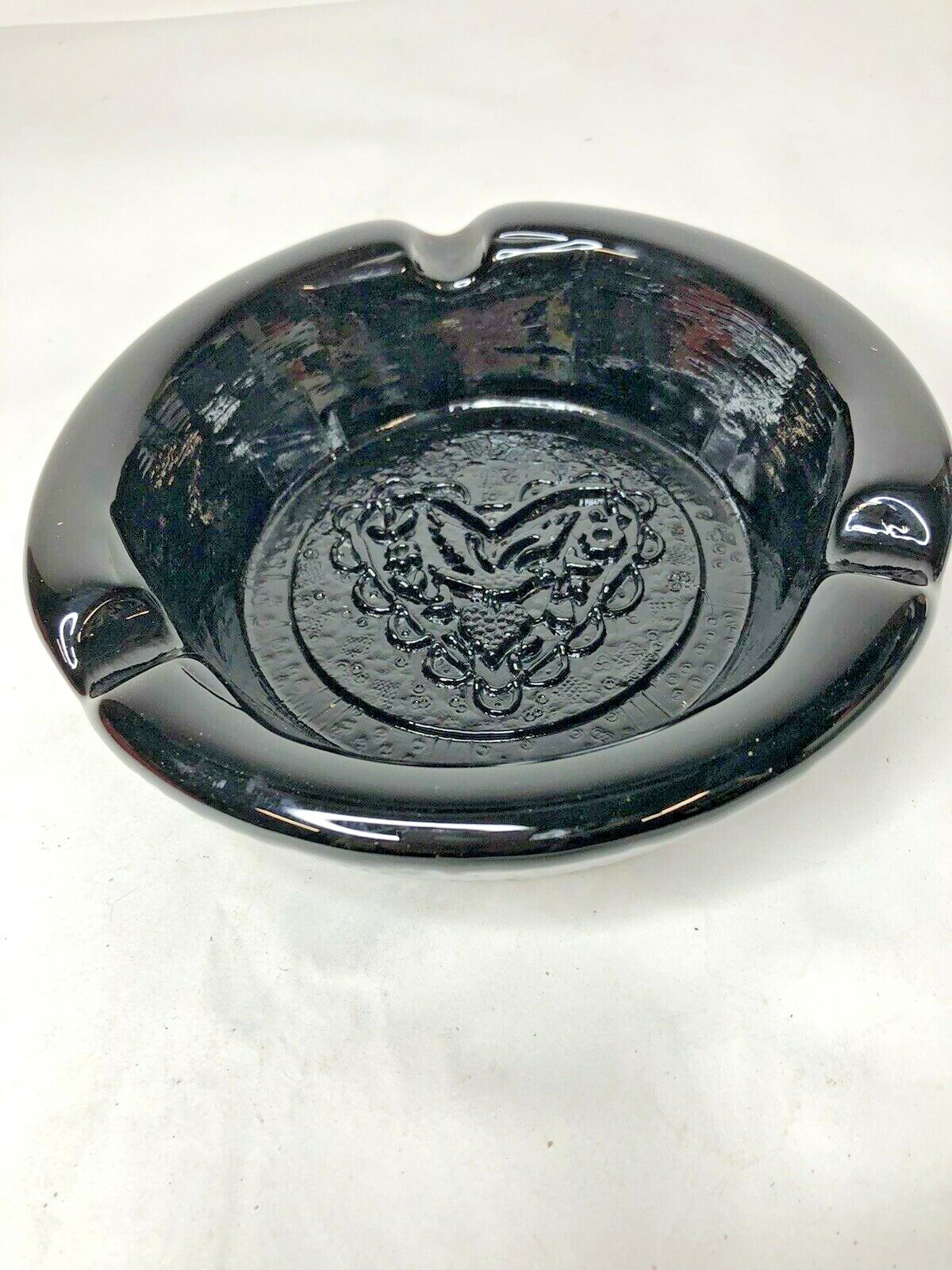 Ashtray Embossed Bird and Heart .. Heavy Weight Deep Reddish Brown ..Excellent
