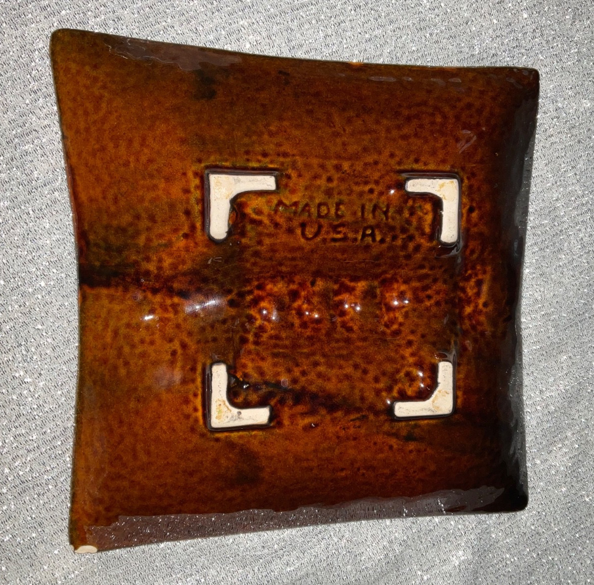 Ashtray Orange Brown MCC Glazed Square 8.5″ Made in USA Vintage Retro (Chipped)