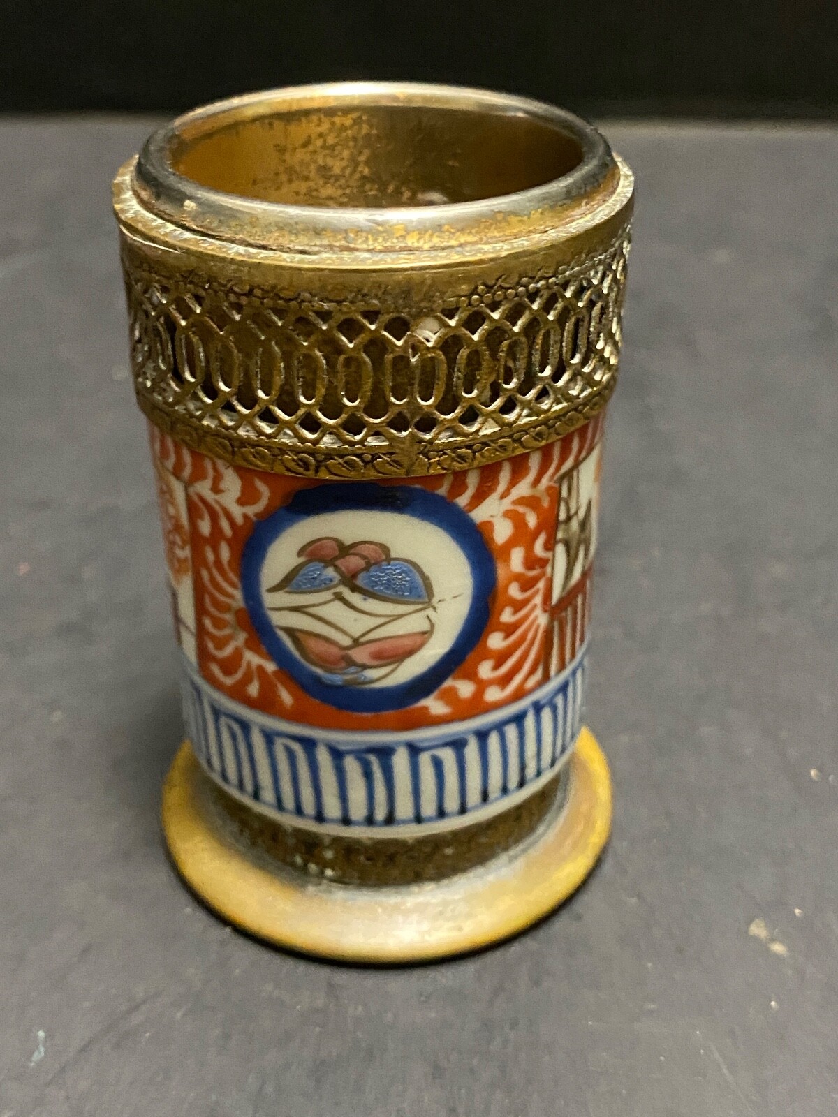 Vintage Cigarette Lighter Holder Table Top Hand Painted Asian Porcelain Cylinder