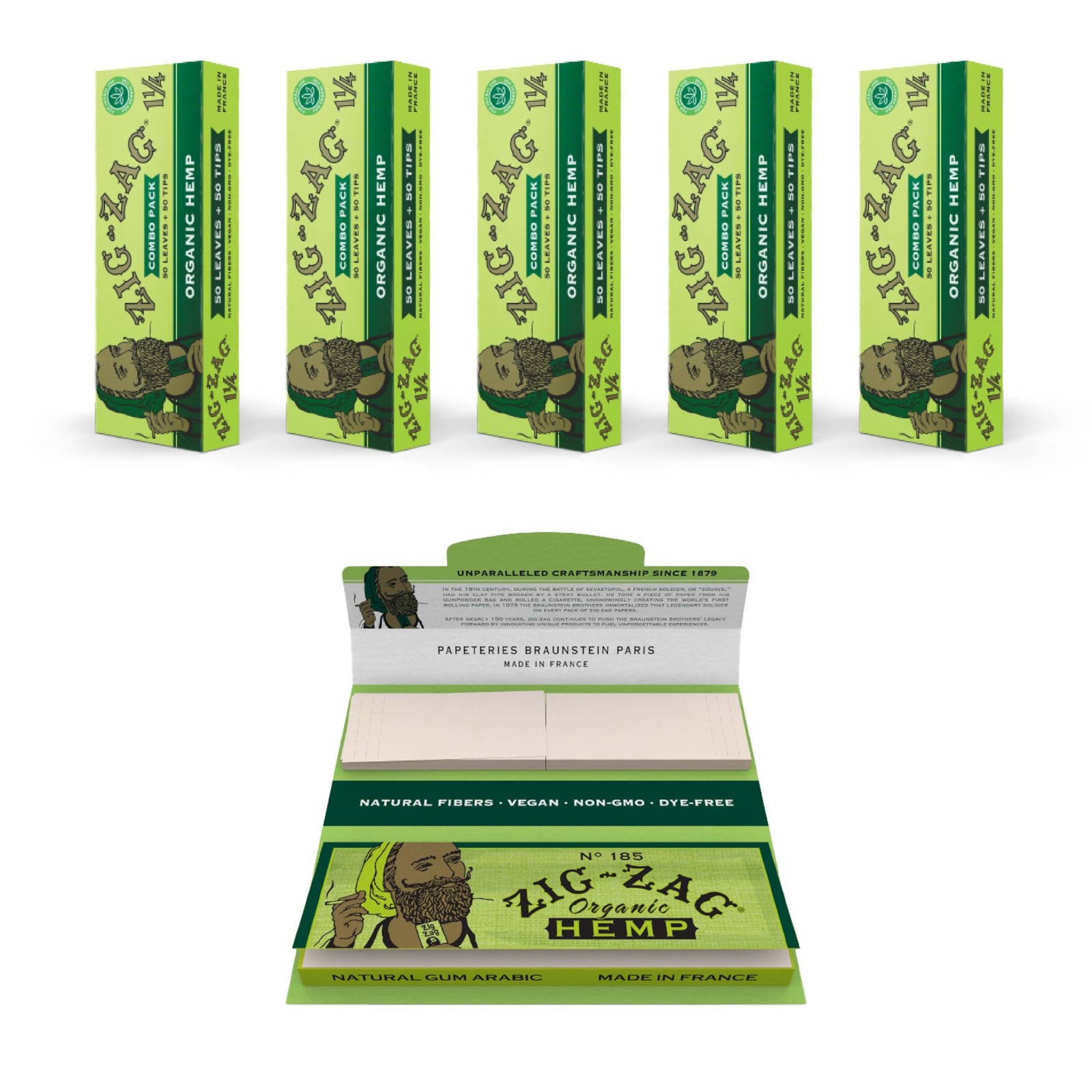 Hemp Rolling Paper Combo Slow Burning With Filter Tips 1 1/4 Size 5 Pack 78 mm