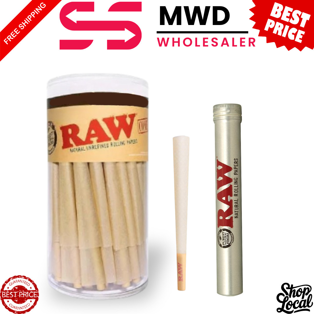 RAW Organic Pre-Rolled Cones 100 Ct 1 1/4 Size (84mm) w/ RAW Metal Storage Tube