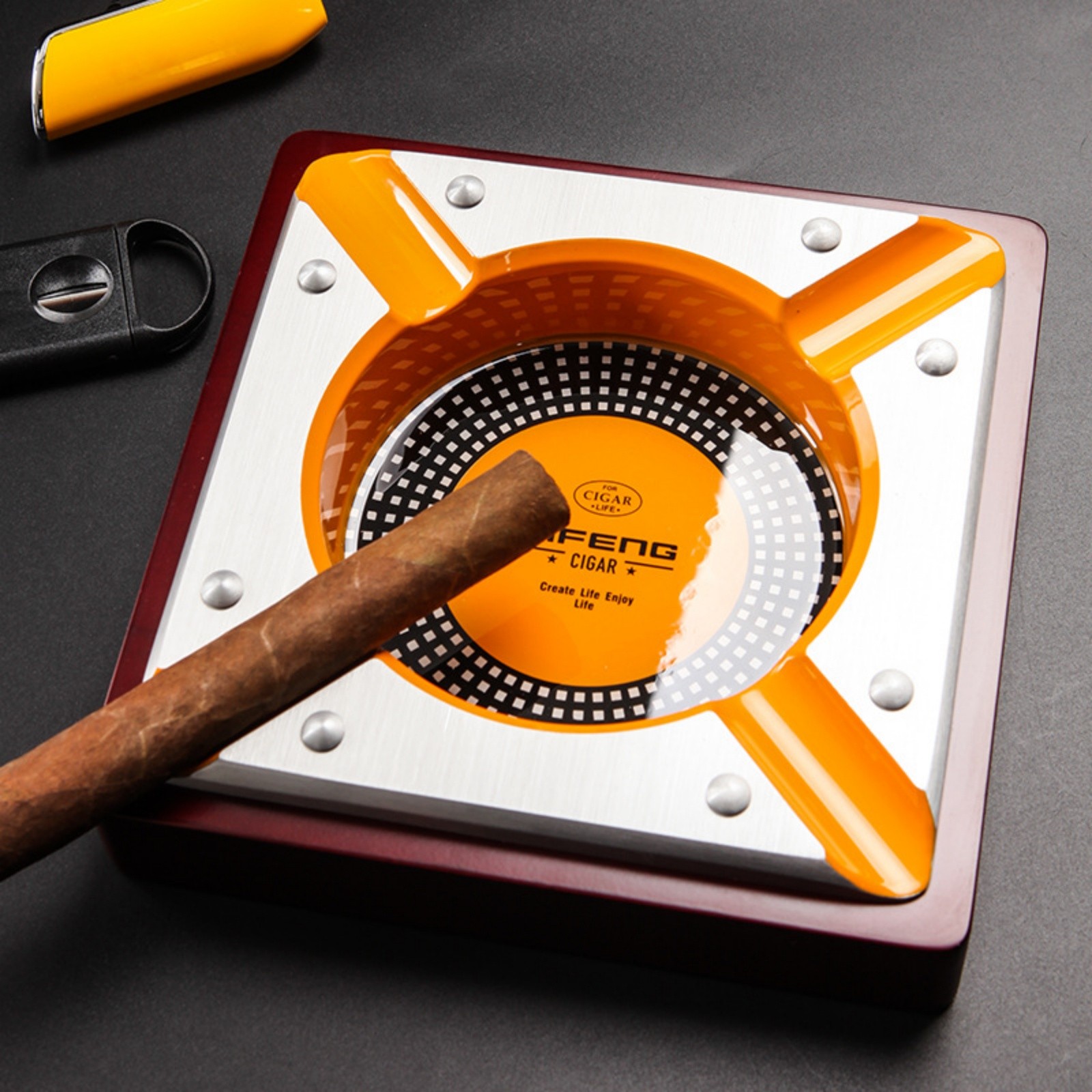 Large Cigar Ashtray Yellow 4 Slot Heavy Duty Ash Tray for Desk Lounge