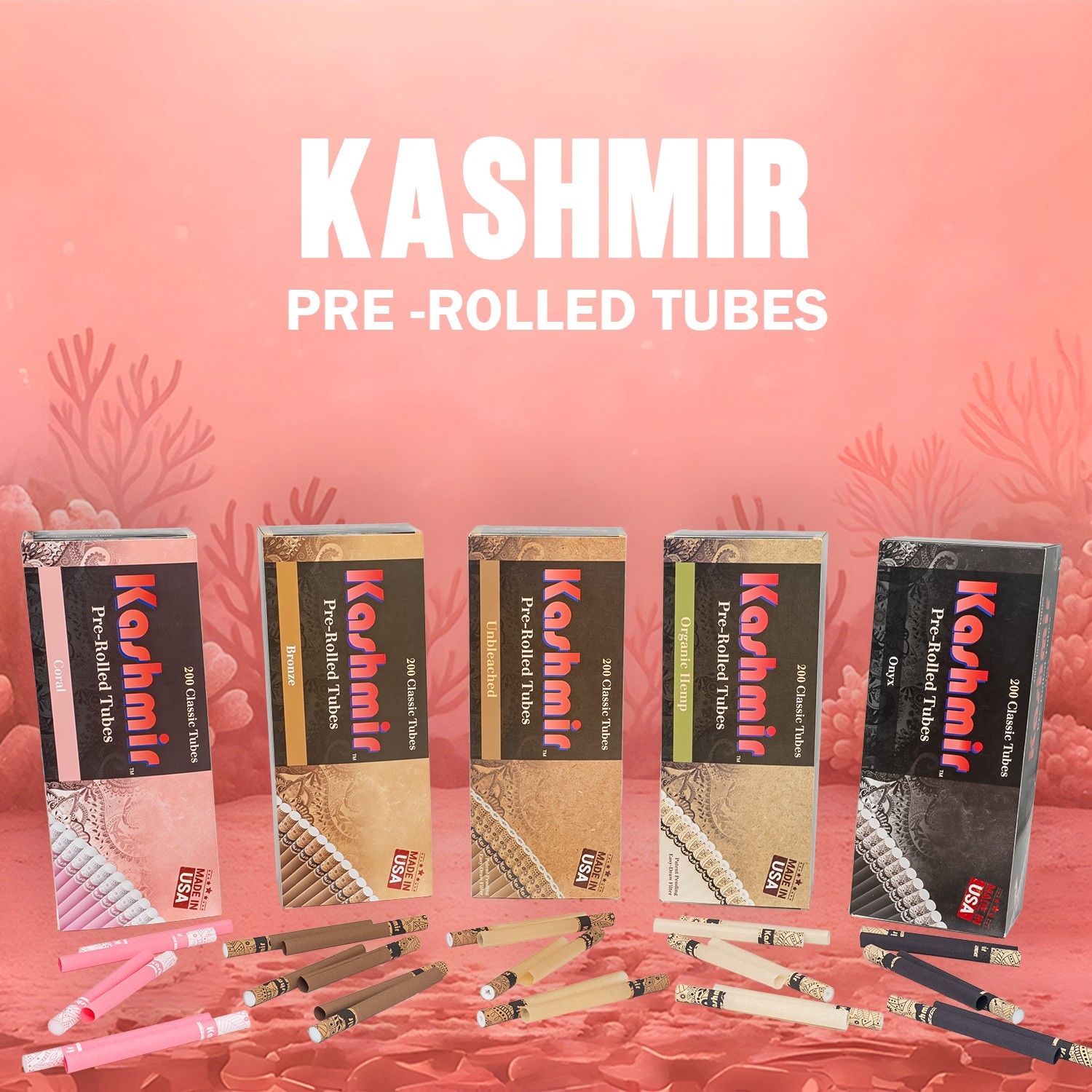 Kashmir Cigarette Tubes Coral King Size 84mm 1000 Count 200 CT x 10 Boxes