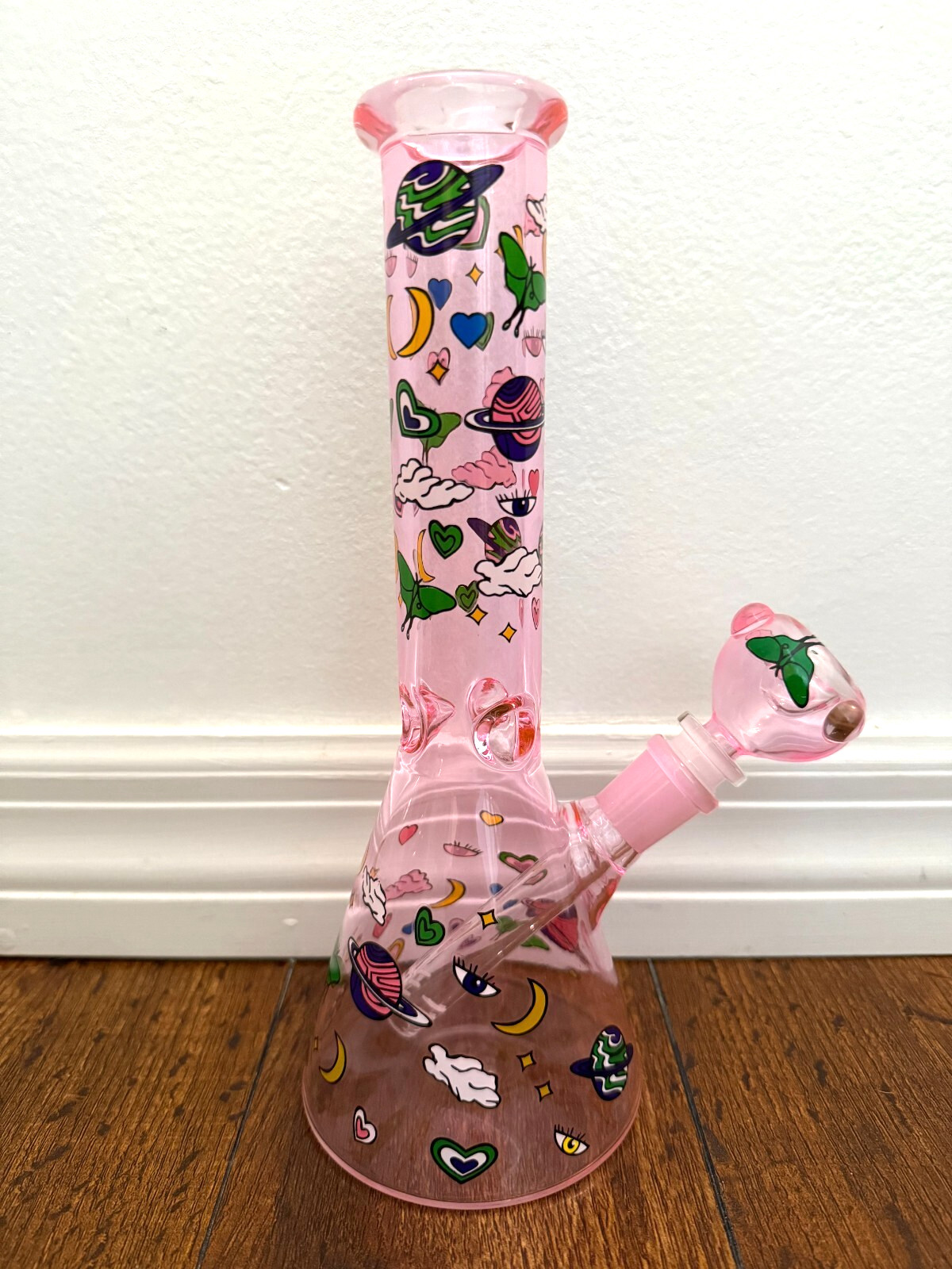 10.5” Premium Glass Water Pipe Beaker Pink Space Hearts Planets Moon 14mm